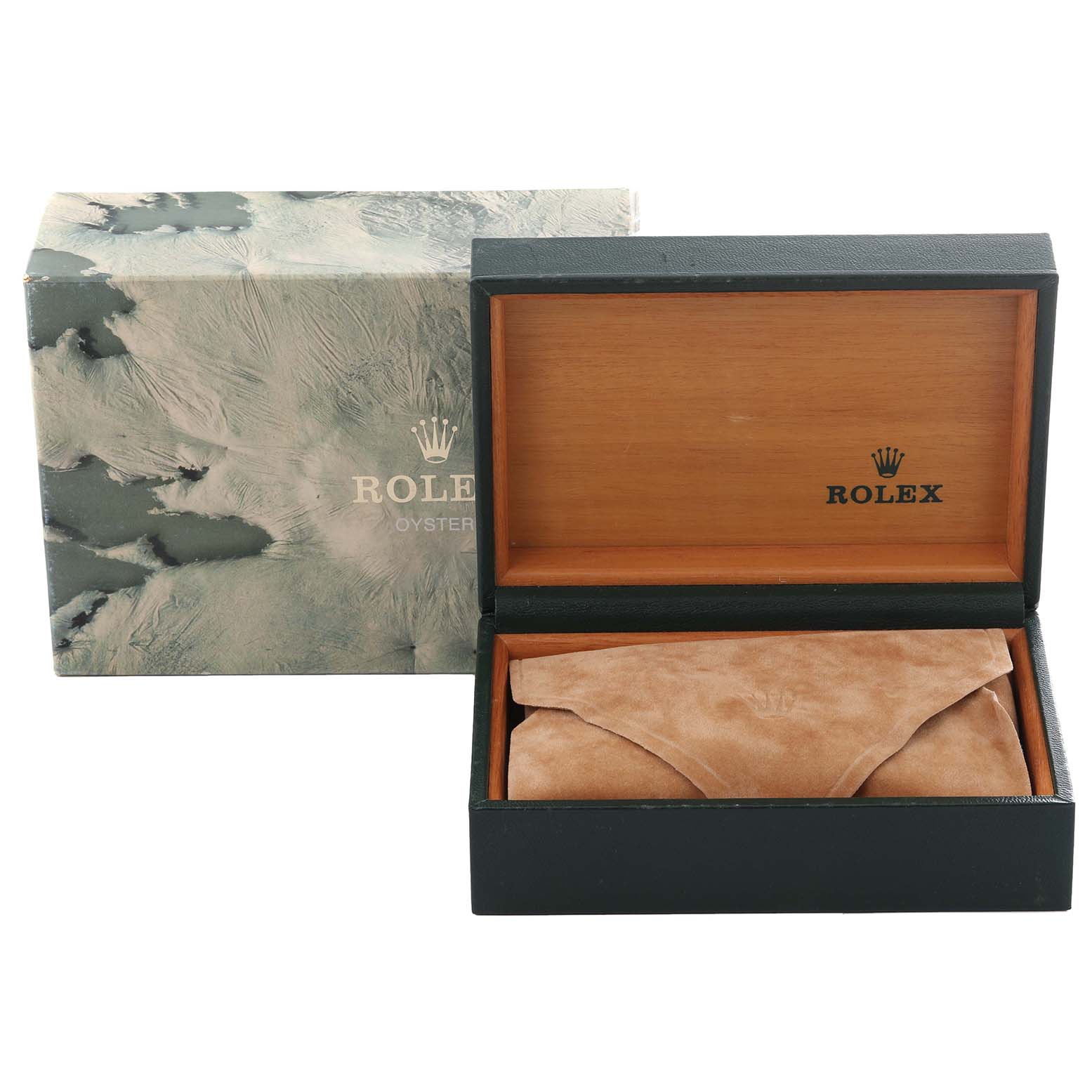 The image shows the exterior packaging, the wooden interior box, and a leather pouch for a Mid-Size Rolex Oyster watch.