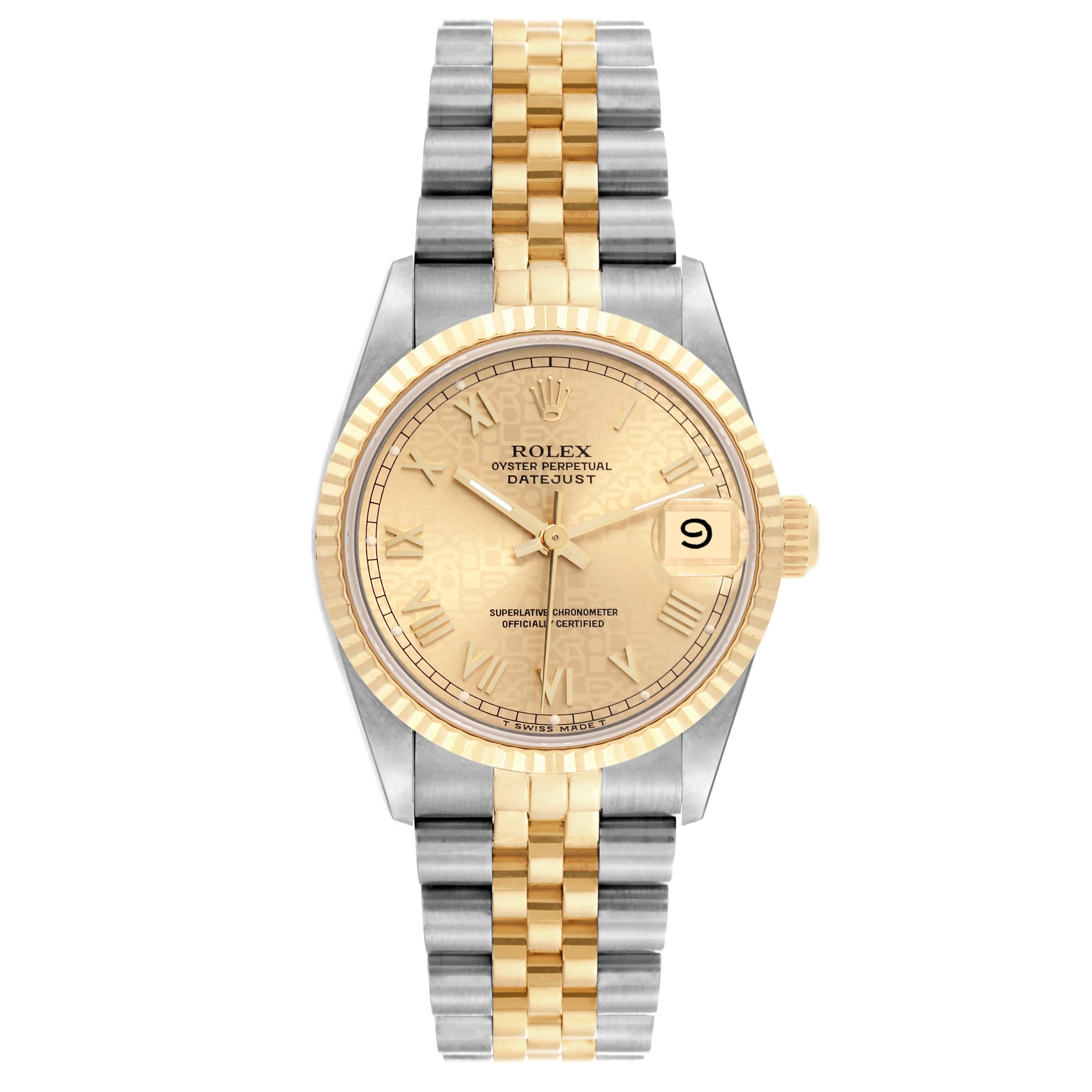 This image shows a front view of a Rolex Mid-Size 68273 Women's Steel and Gold (two tone) Champagne Dial 68273 Women's Steel and Gold (two tone) Champagne Dial Datejust watch, displaying the dial, bezel, and bracelet.