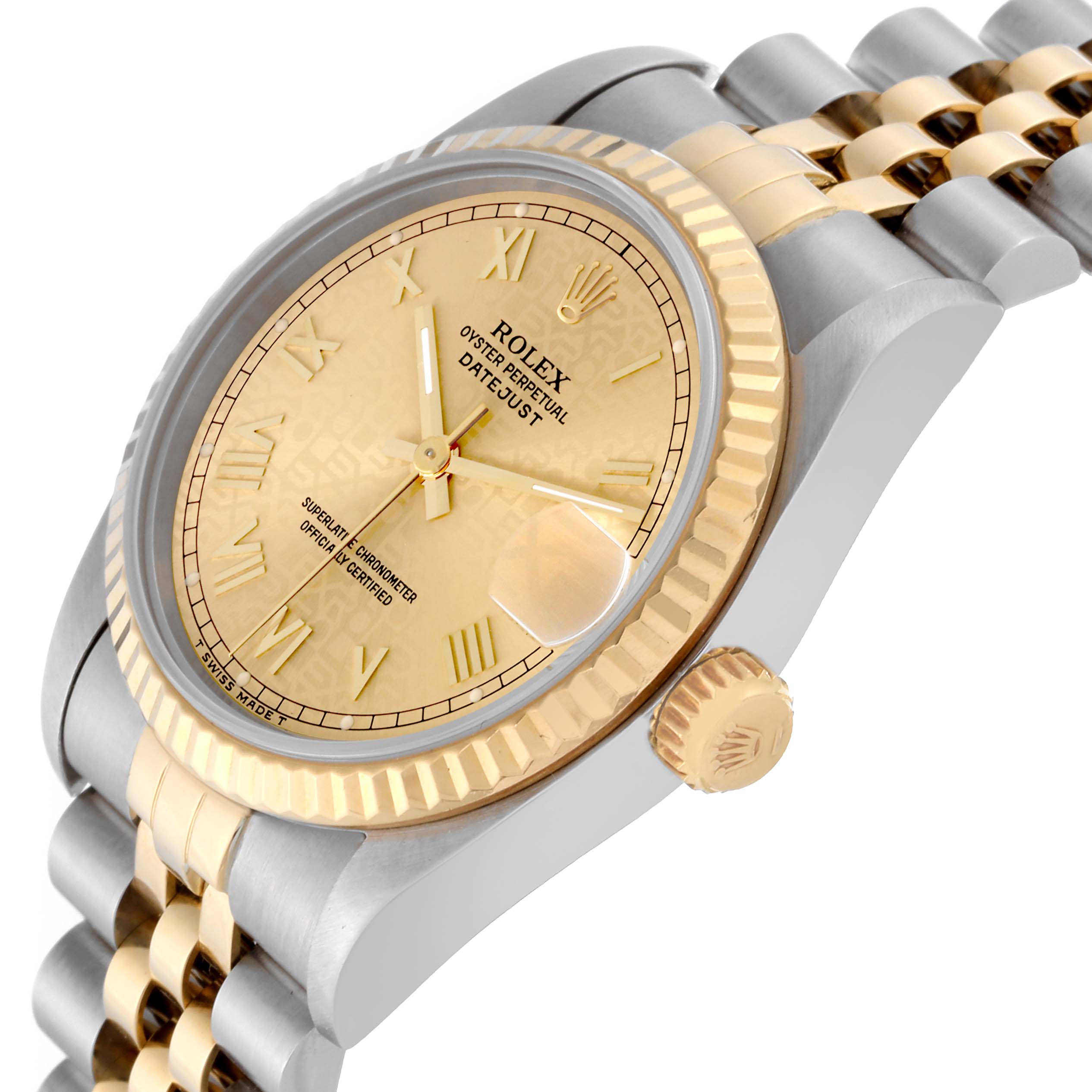 The image shows a side angle of a Rolex Mid-Size 68273 Women's Steel and Gold (two tone) Champagne Dial 68273 Women's Steel and Gold (two tone) Champagne Dial Datejust watch, featuring the dial, crown, bezel, and bracelet.