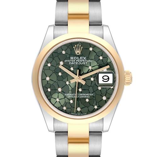 The image shows a front view of the Rolex Datejust Mid-Size watch, highlighting its green dial, gold bezel, and two-tone bracelet.