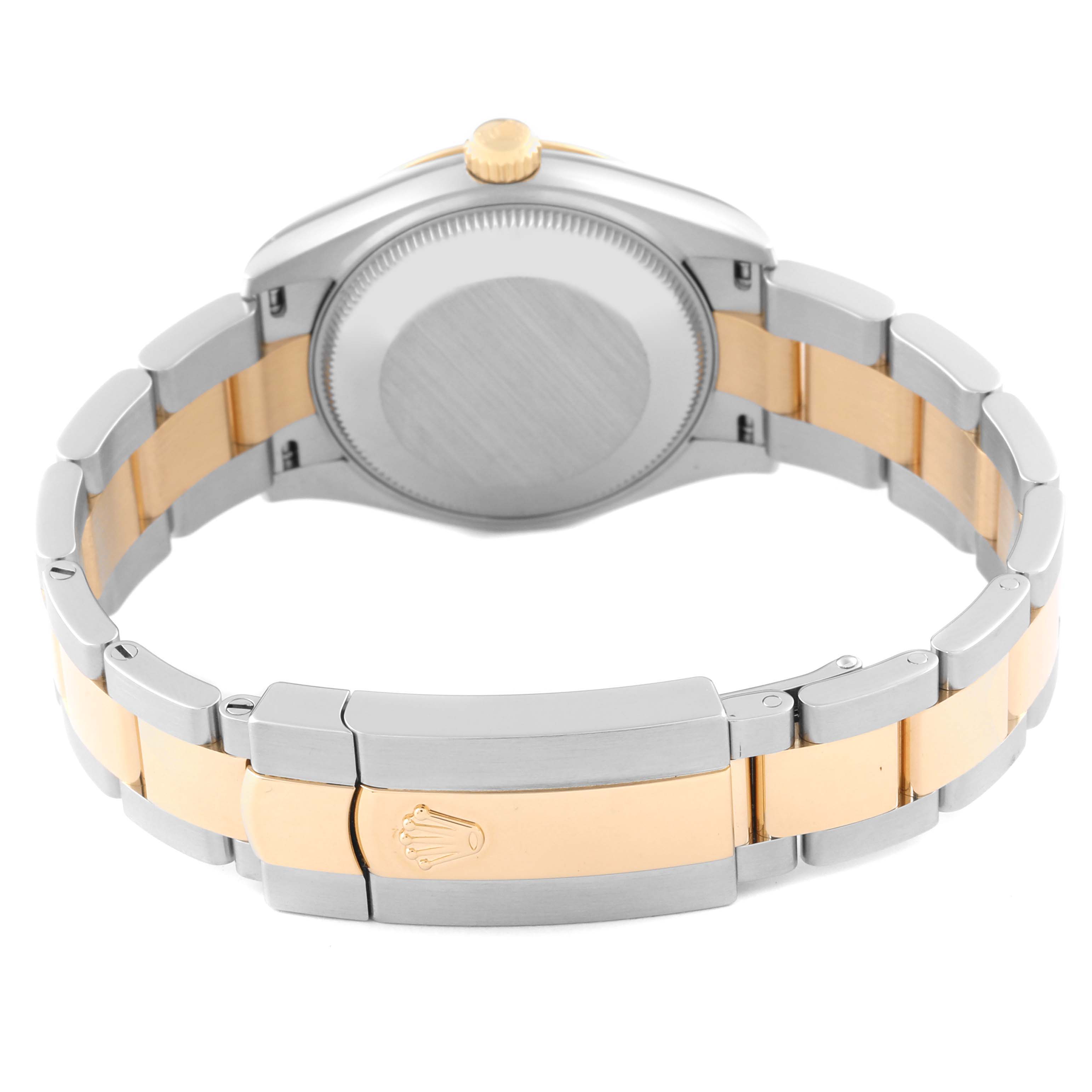 The image shows the back case and bracelet of a Rolex Mid-Size 278243 Women's Steel and Gold (two tone) Green Dial 278243 Women's Steel and Gold (two tone) Green Dial model with a two-tone metal design.