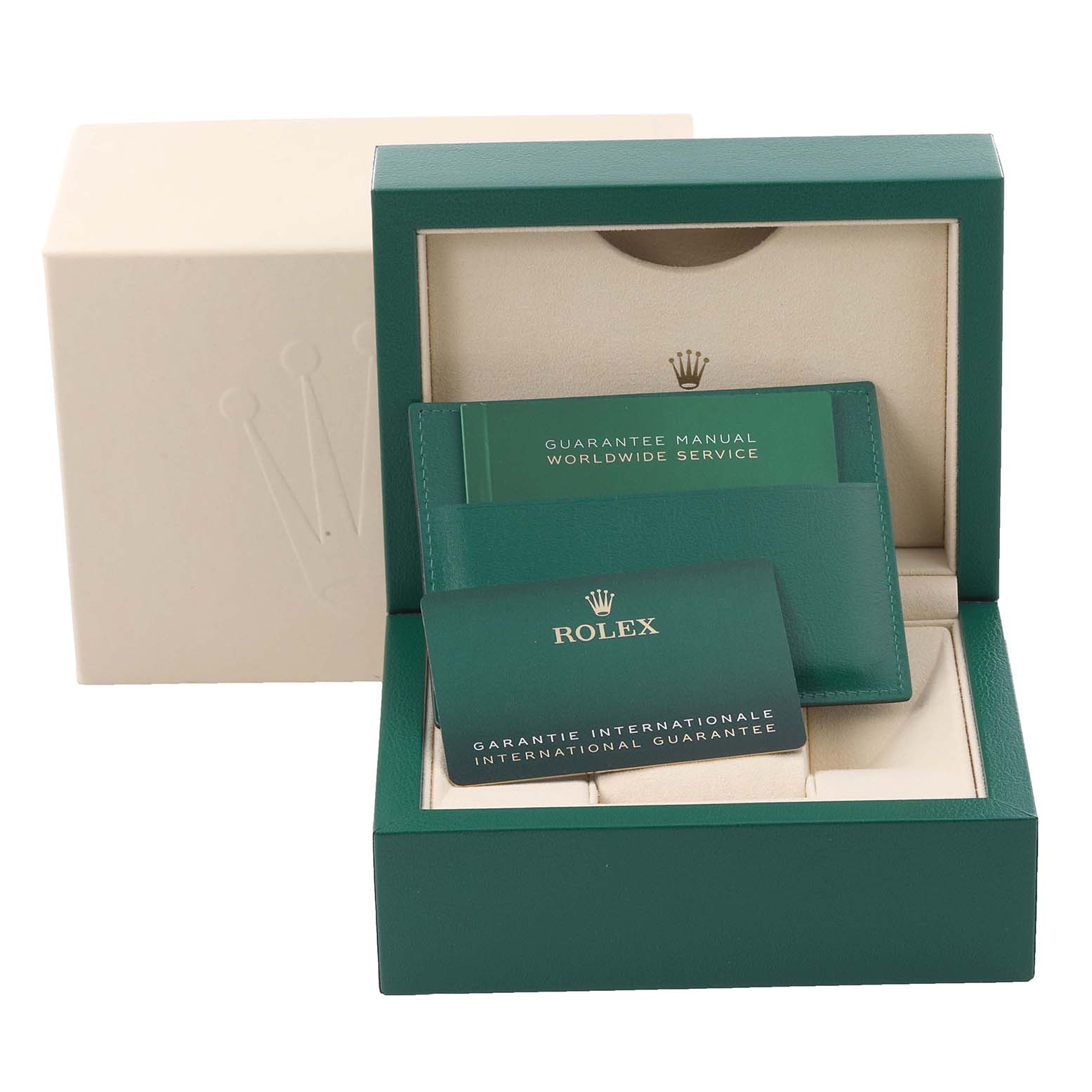 The image shows the packaging for a Rolex Mid-Size 278243 Women's Steel and Gold (two tone) Green Dial 278243 Women's Steel and Gold (two tone) Green Dial model, including the watch box and guarantee manual.