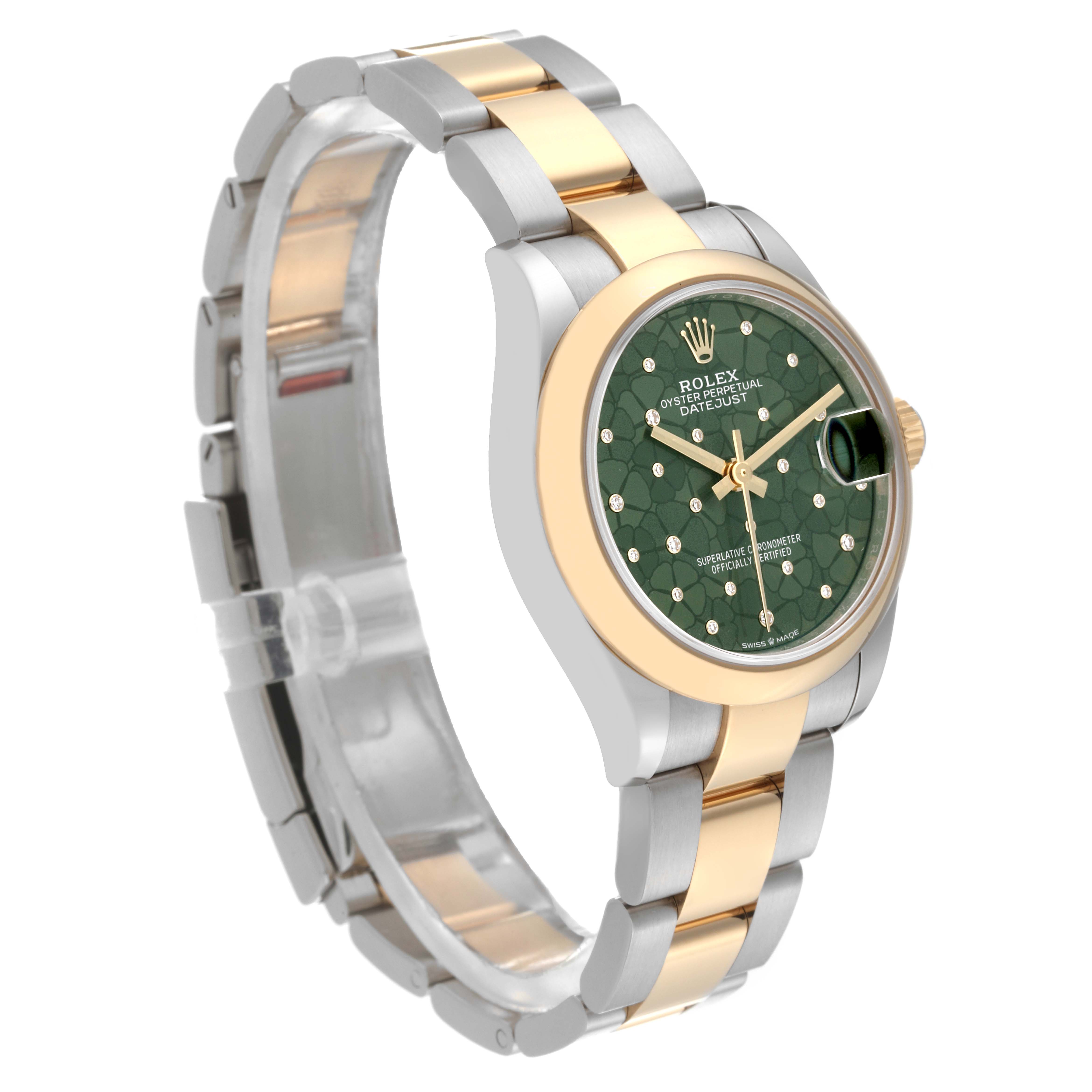 The image shows a side angle of a Rolex Mid-Size 278243 Women's Steel and Gold (two tone) Green Dial 278243 Women's Steel and Gold (two tone) Green Dial Datejust watch, featuring a gold and silver bracelet with a green dial.