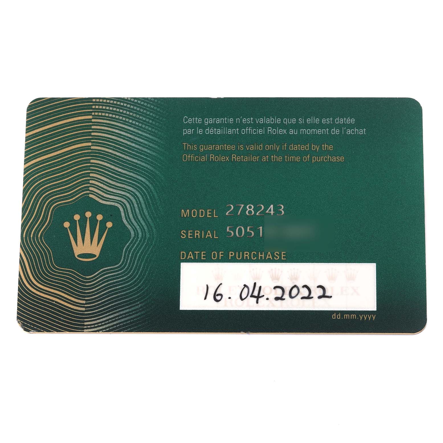 This image shows the warranty card for a Rolex Mid-Size 278243 Women's Steel and Gold (two tone) Green Dial 278243 Women's Steel and Gold (two tone) Green Dial model 278243, displaying the serial number and date of purchase.