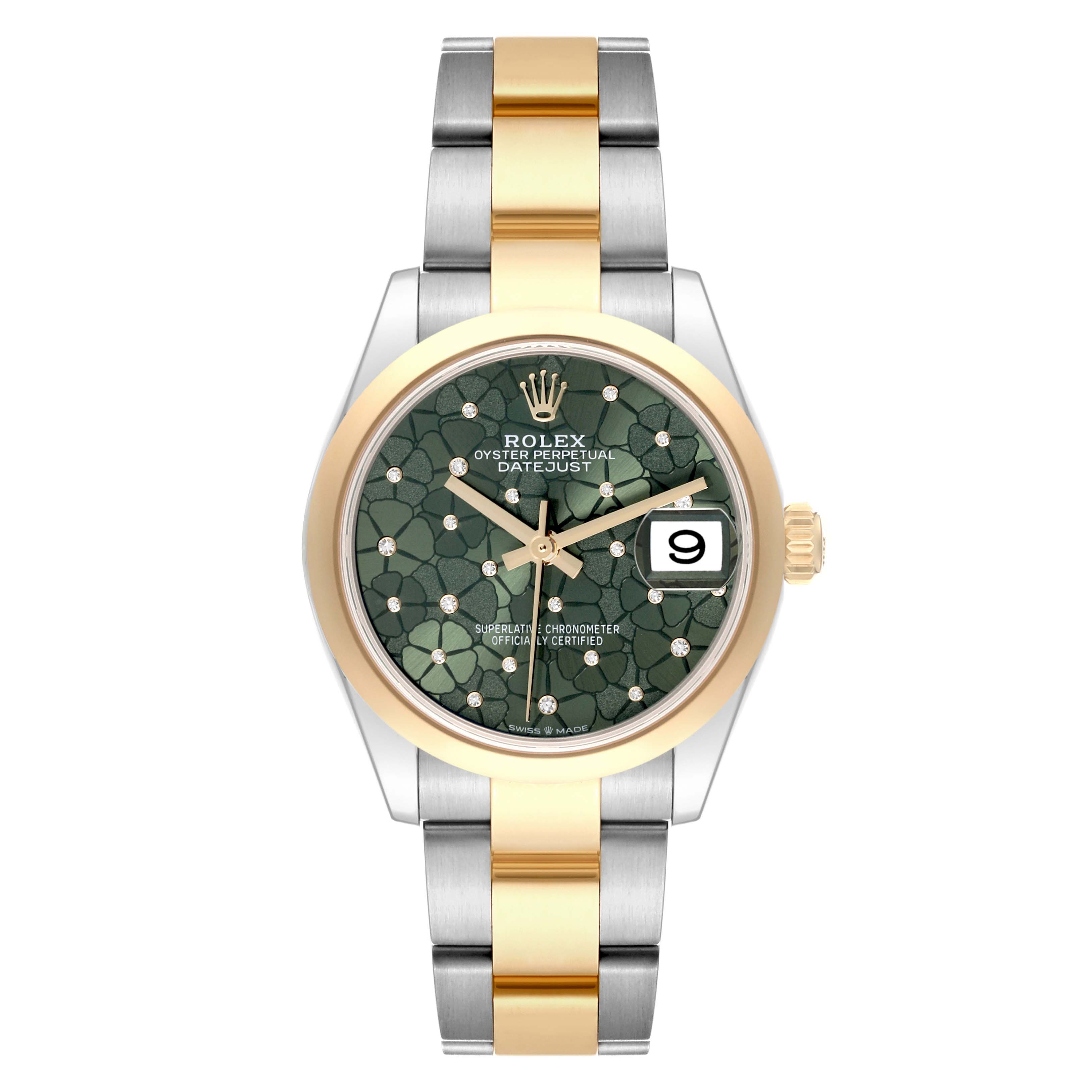 This image shows a front view of a Rolex Mid-Size 278243 Women's Steel and Gold (two tone) Green Dial 278243 Women's Steel and Gold (two tone) Green Dial Oyster Perpetual Datejust watch with a gold and silver bracelet.
