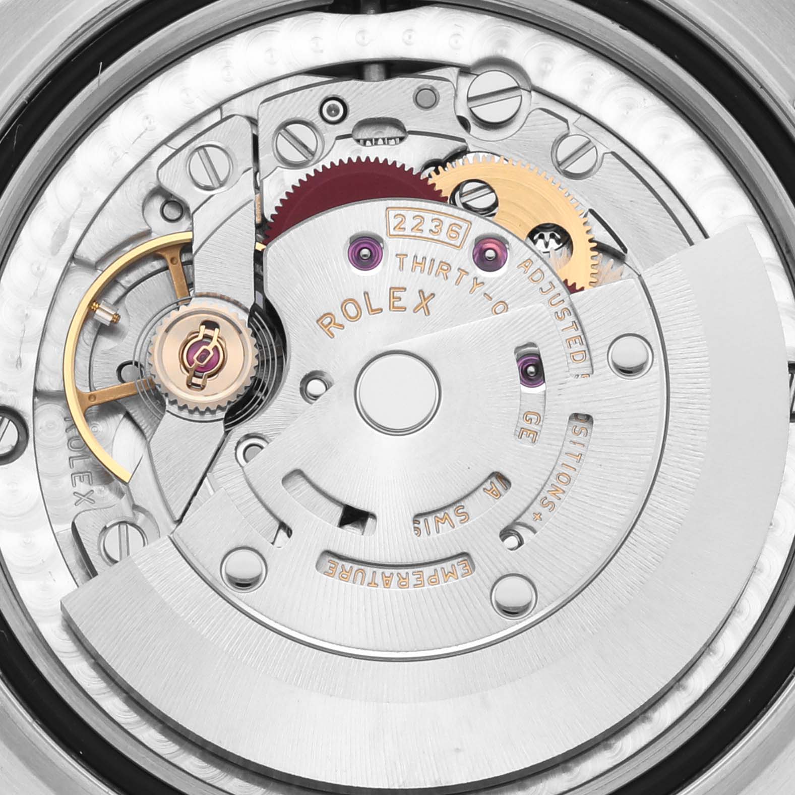 This image shows the intricate internal movement of a Mid-Size Rolex watch, highlighting gears and mechanical components.