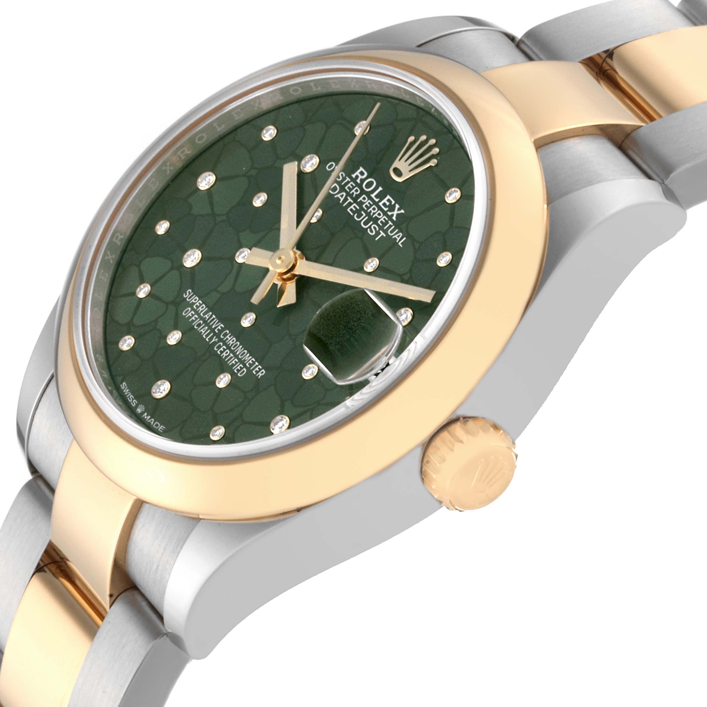 The image shows a side angle of a Mid-Size Rolex Datejust watch, highlighting its green dial, gold bezel, and partially visible bracelet and crown.