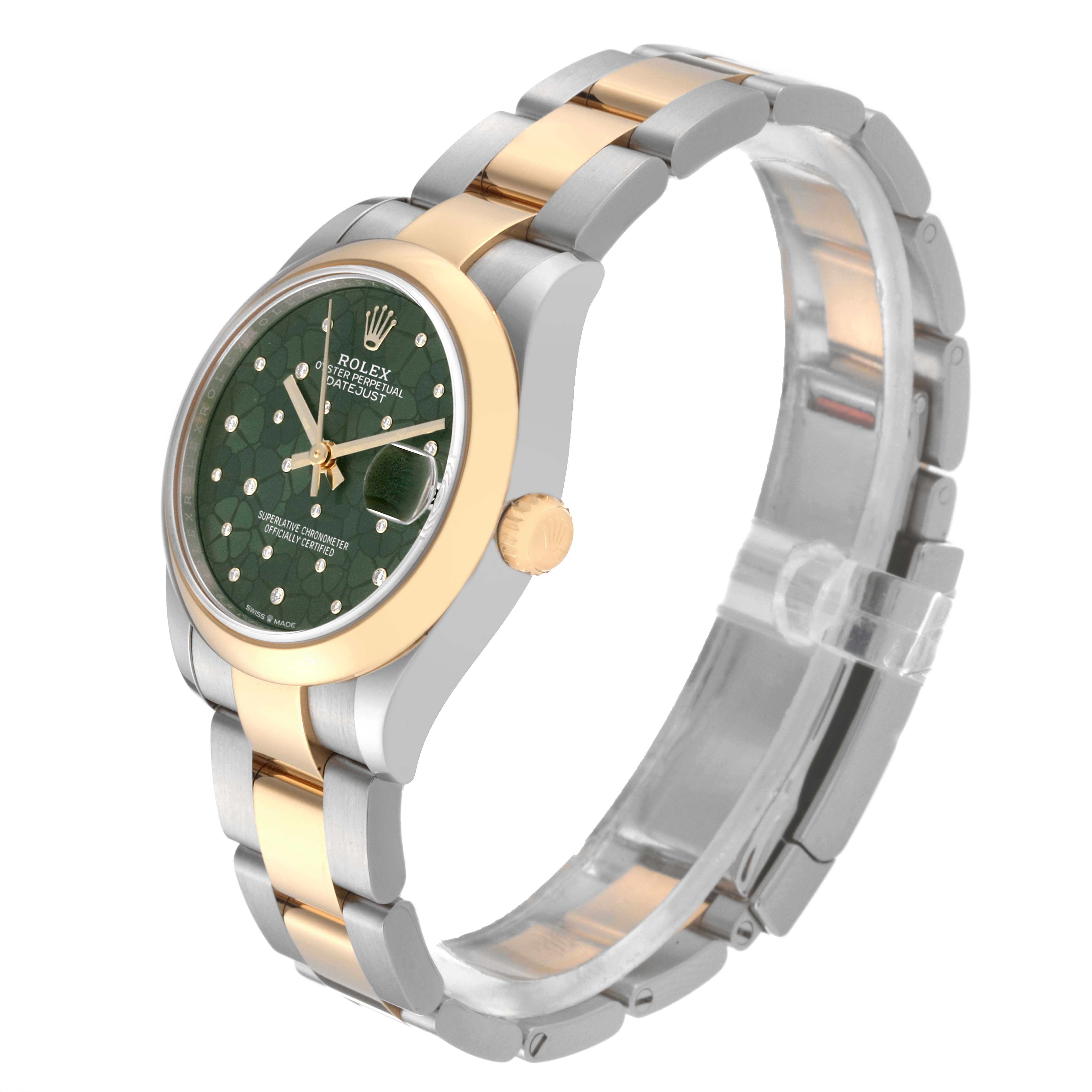 The Rolex Mid-Size 278243 Women's Steel and Gold (two tone) Green Dial 278243 Women's Steel and Gold (two tone) Green Dial model watch is shown at a 3/4 angle, showcasing its gold and silver bracelet, green face, crown, and links.