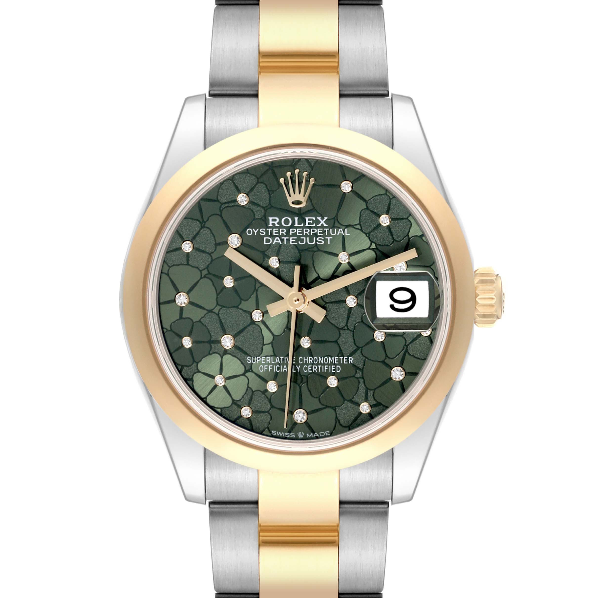 This image shows a front view of a Mid-Size Rolex Datejust watch with a green patterned dial and a two-tone bracelet.