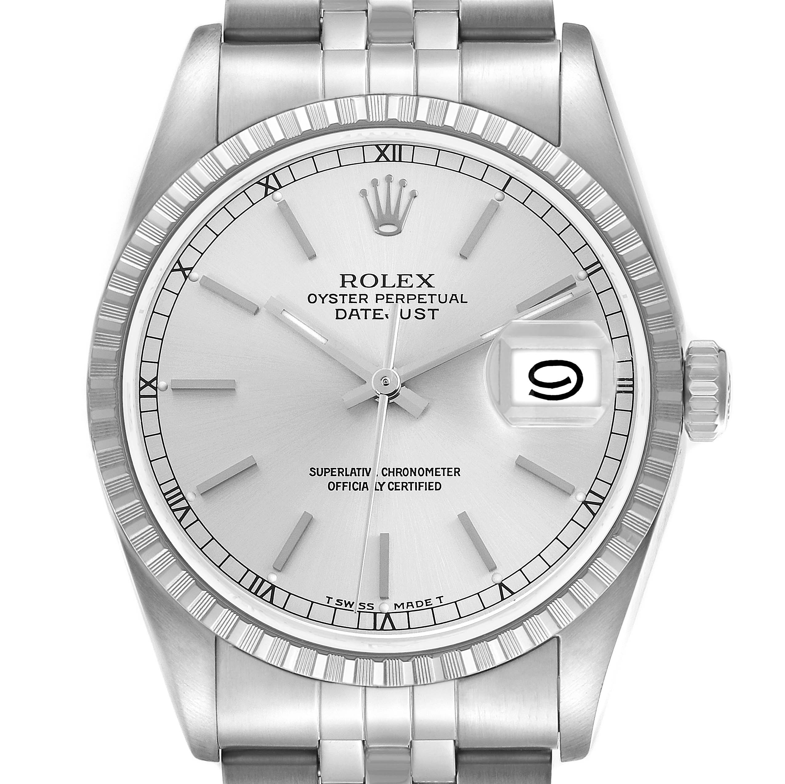 The Rolex Datejust 16220 Men
s Stainless Steel Silver Dial watch is shown from a front angle, displaying the face, bezel, crown, and part of the bracelet.