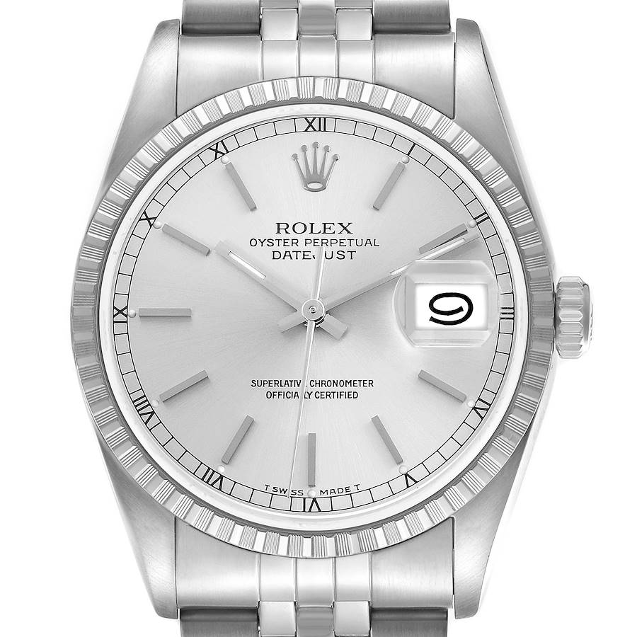 The Rolex Datejust 16220 Men's Stainless Steel Silver Dial watch is shown from a front angle, displaying the face, bezel, crown, and part of the bracelet.
