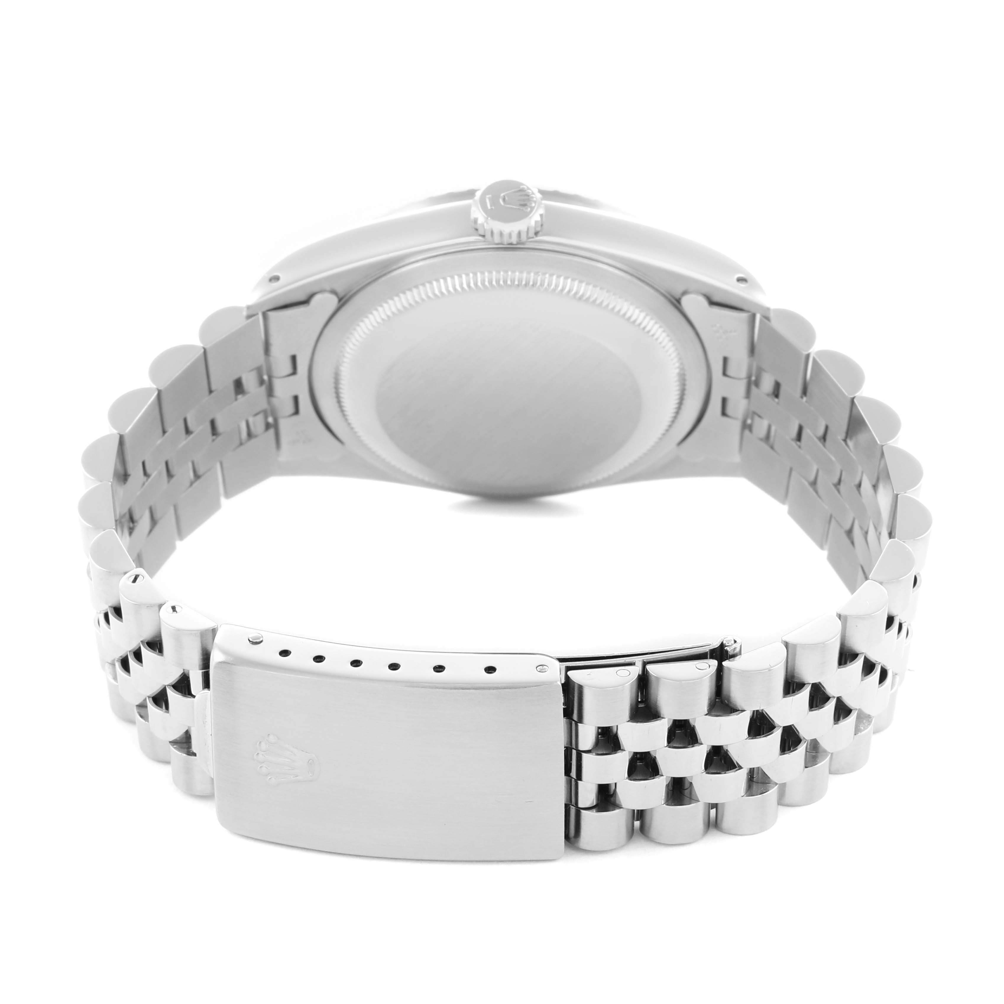 The Rolex Datejust 16220 Men
s Stainless Steel Silver Dial watch is shown from the back, displaying the case back, crown, and bracelet clasp.