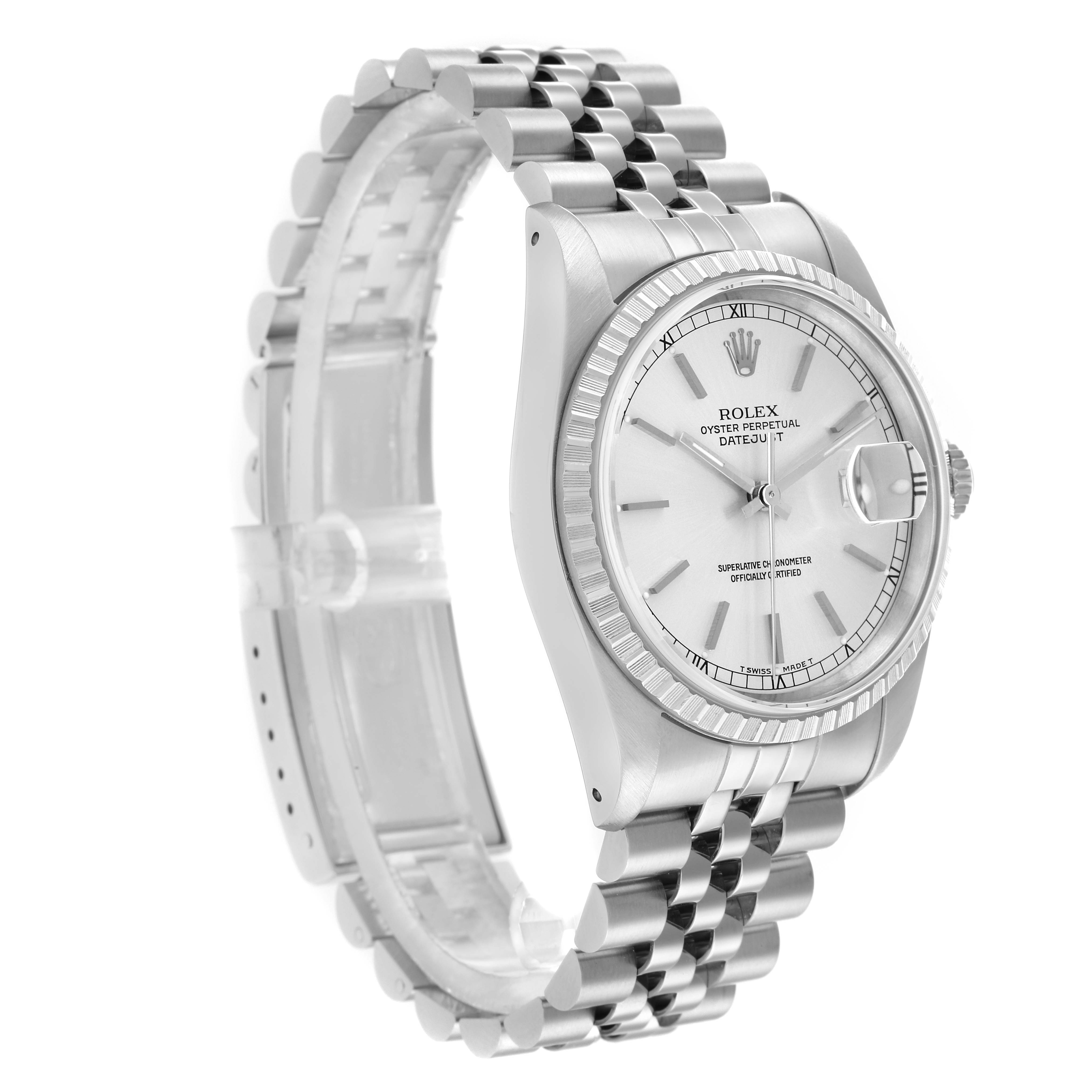 The Rolex Datejust 16220 Men
s Stainless Steel Silver Dial watch is shown at a slight angle, highlighting its case, bracelet, bezel, dial, and crown.