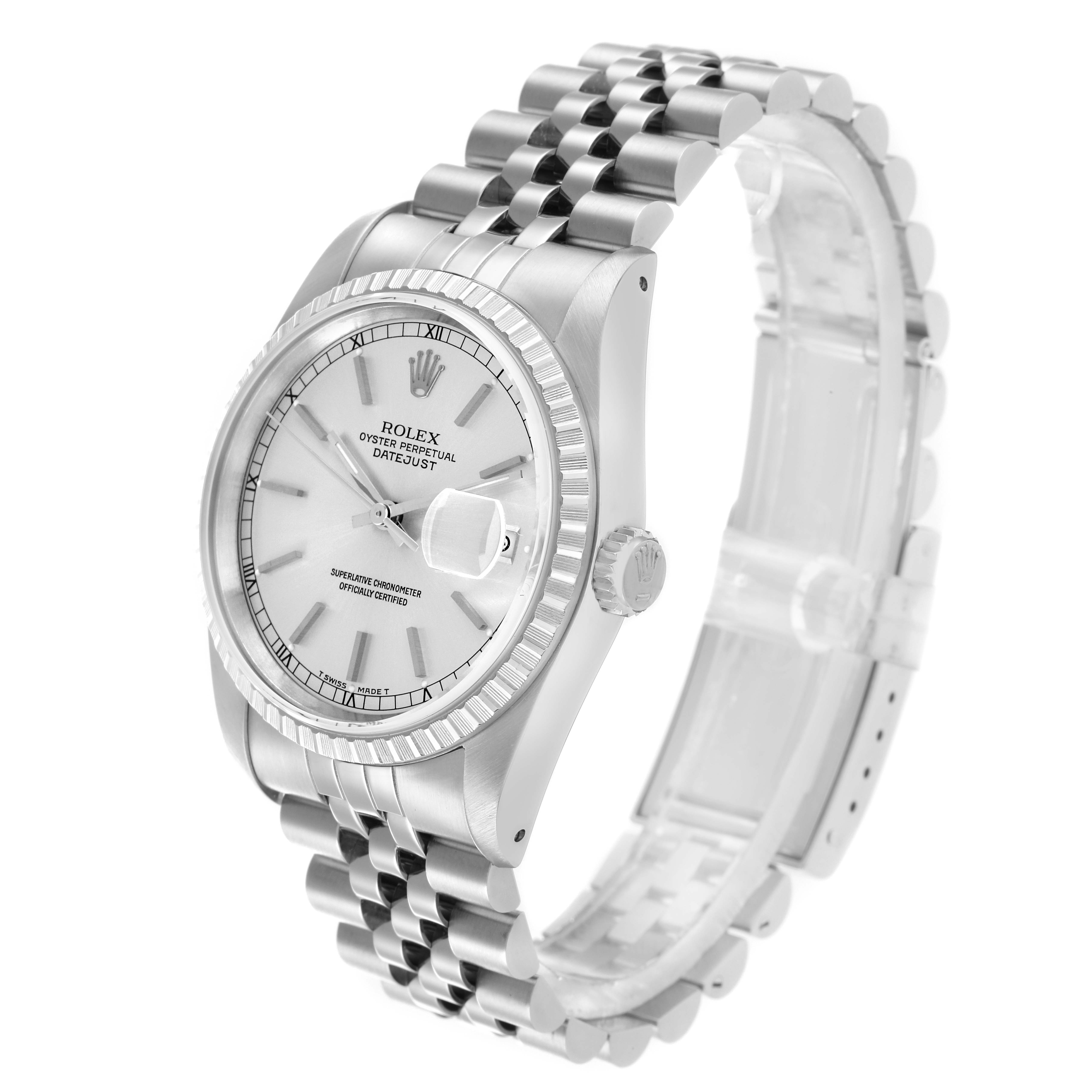 The Rolex Datejust 16220 Men
s Stainless Steel Silver Dial watch is shown at a three-quarter angle, highlighting the dial, bezel, crown, and bracelet.