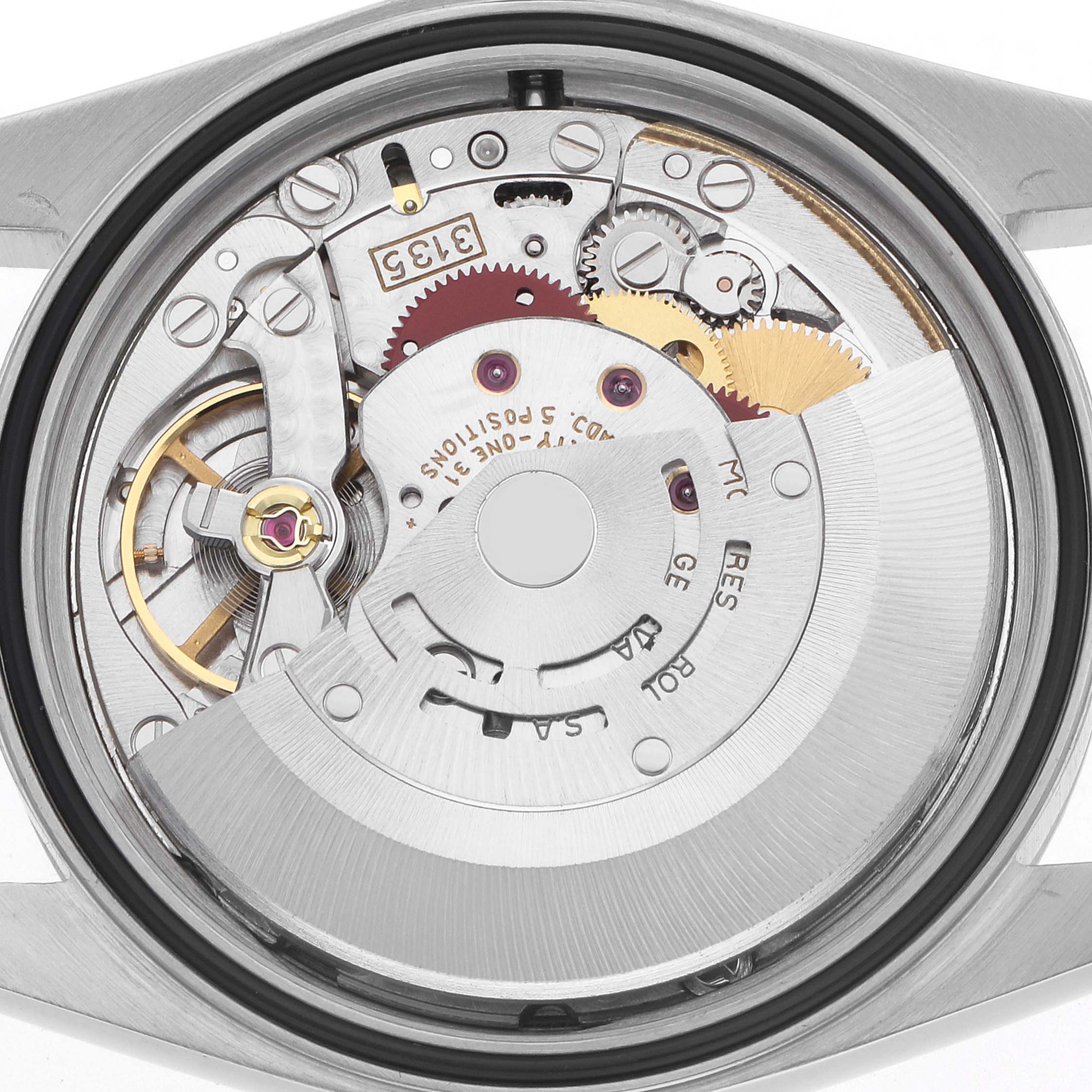 The image shows the Rolex Datejust 16220 Men
s Stainless Steel Silver Dial movement from the back, highlighting gears and the automatic rotor.