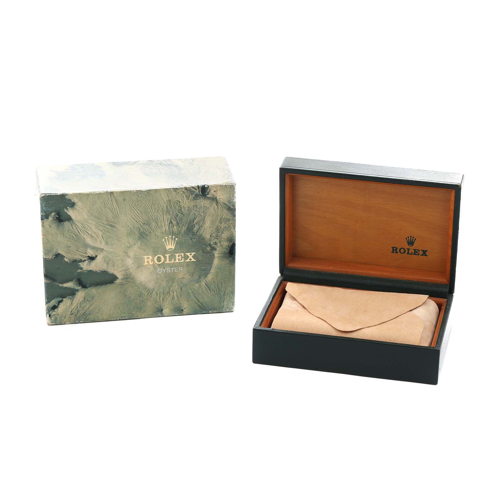 The image shows a Rolex Datejust 16220 Men
s Stainless Steel Silver Dial box with its outer box and an open inner box with a suede pouch inside.