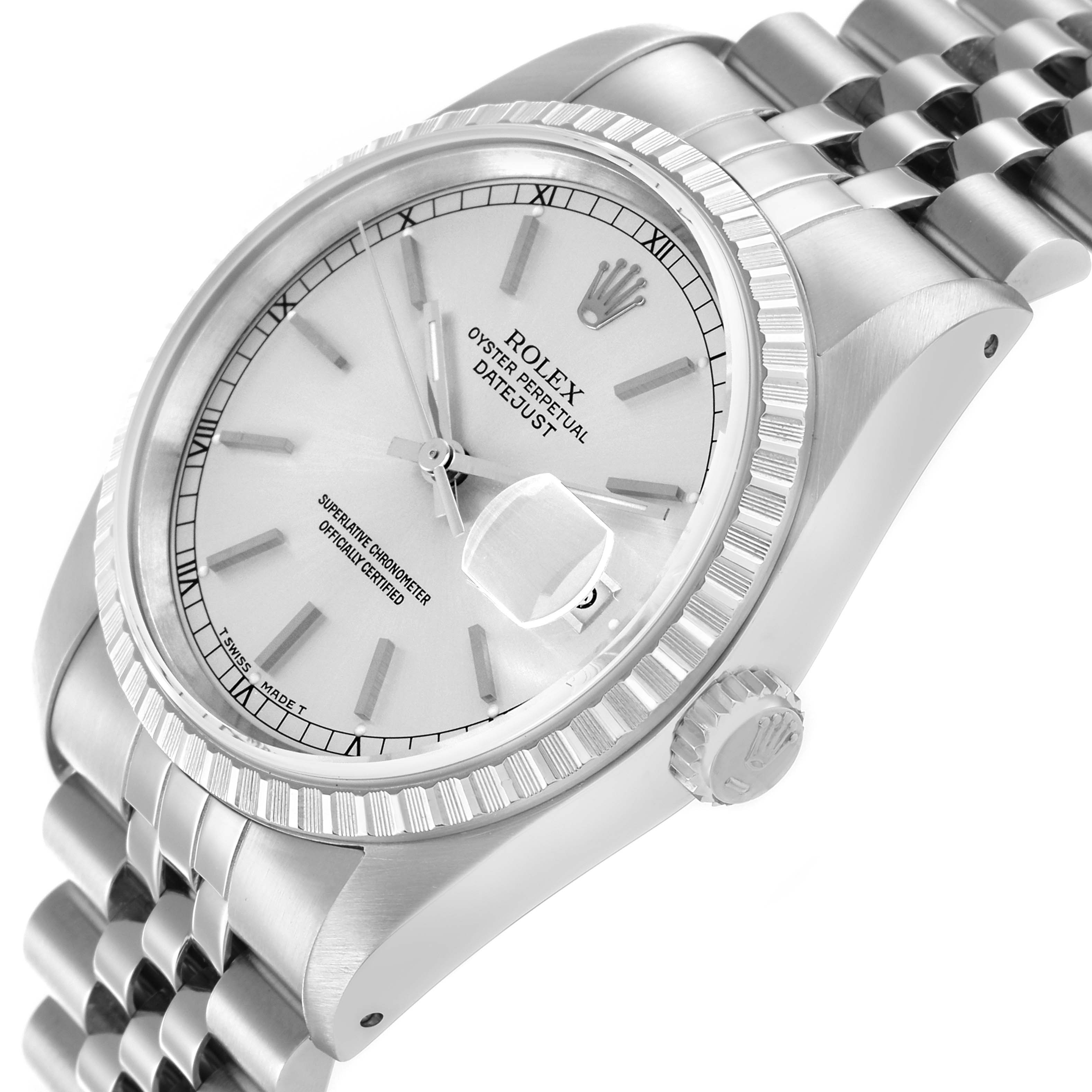 The image shows a Rolex Datejust 16220 Men
s Stainless Steel Silver Dial watch angled slightly to the right, highlighting the face, bezel, crown, and part of the bracelet.