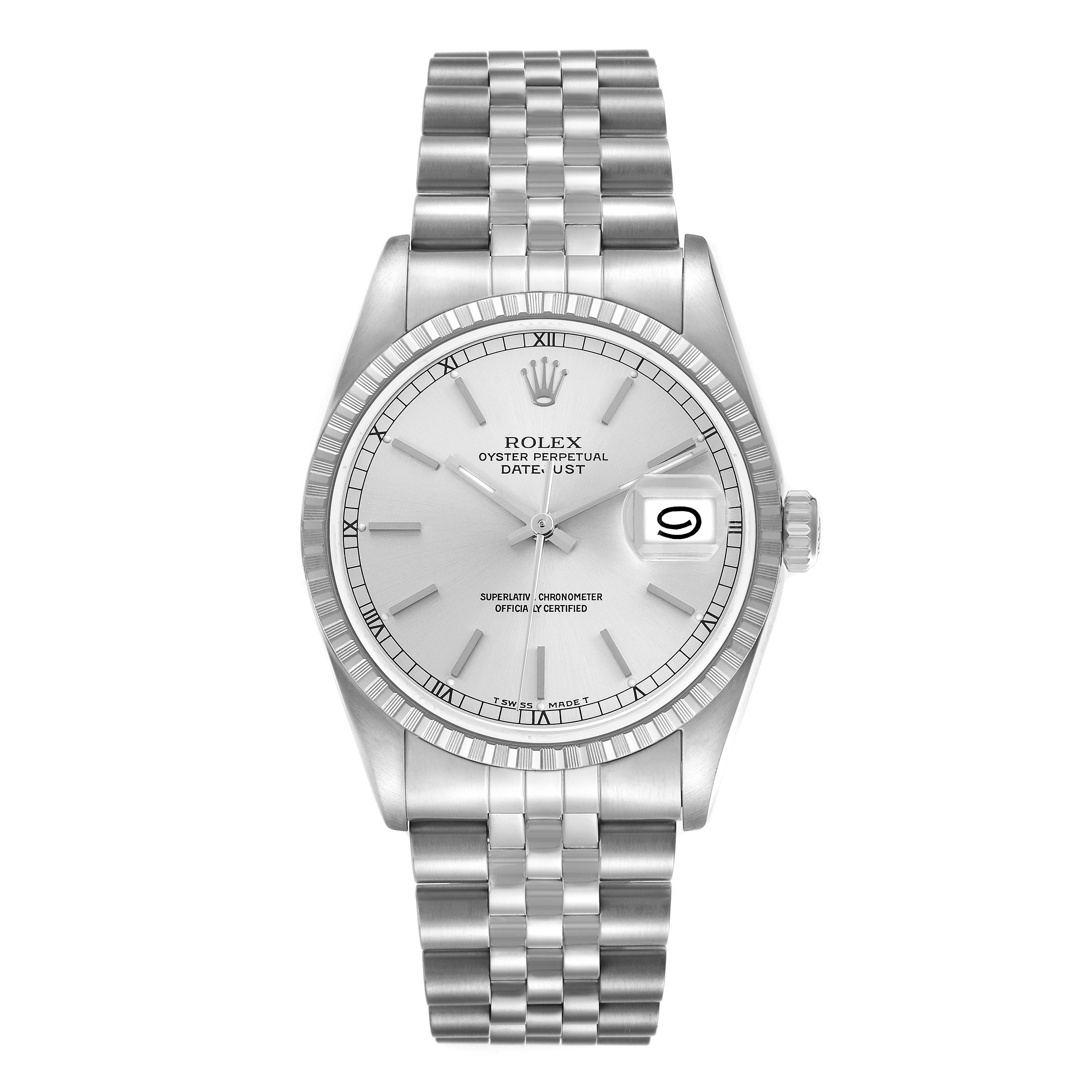 The Rolex Datejust 16220 Men
s Stainless Steel Silver Dial watch is shown from a front angle, highlighting the dial, bezel, and jubilee bracelet.