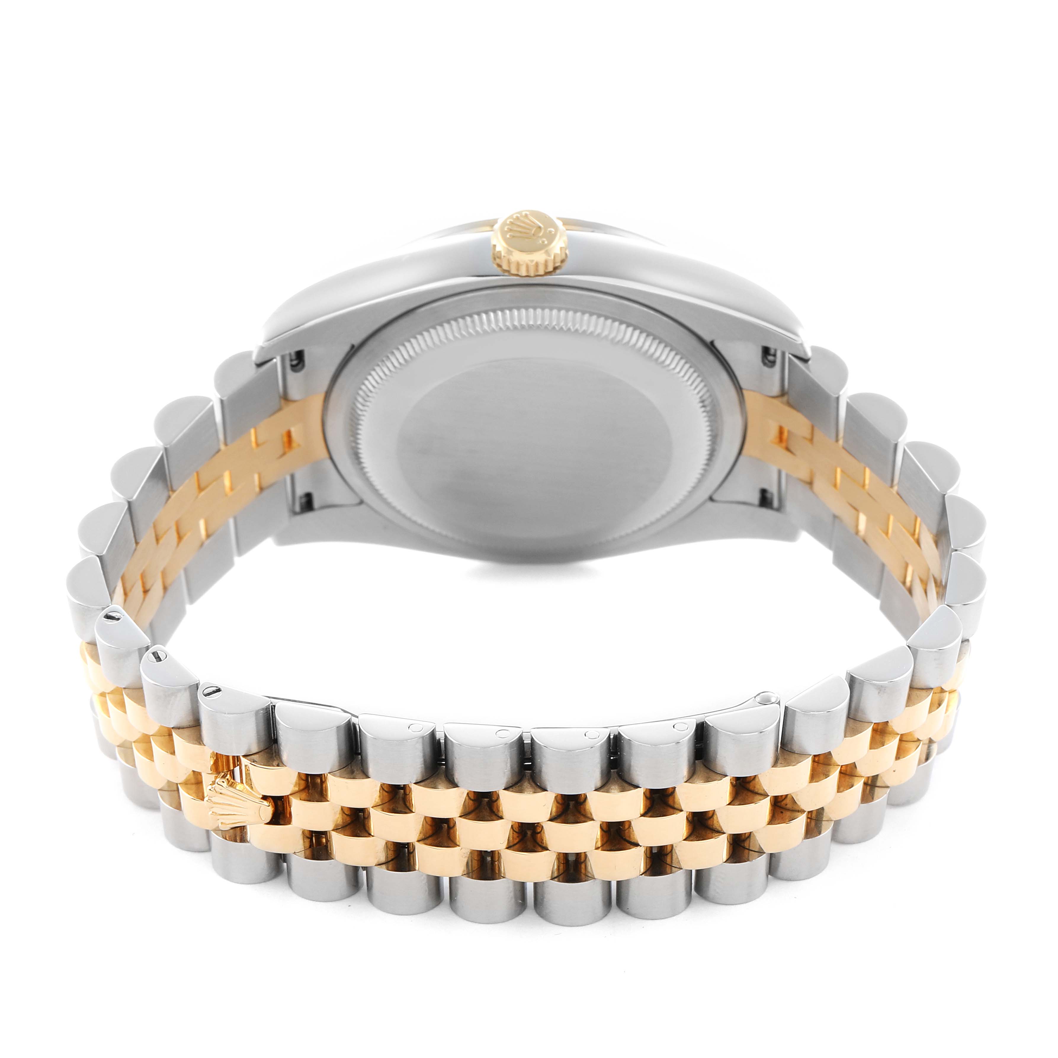 The Rolex Datejust 116243 Men
s Steel and Gold (two tone) Silver Dial watch is shown from the back, highlighting the case back, bracelet, and crown.