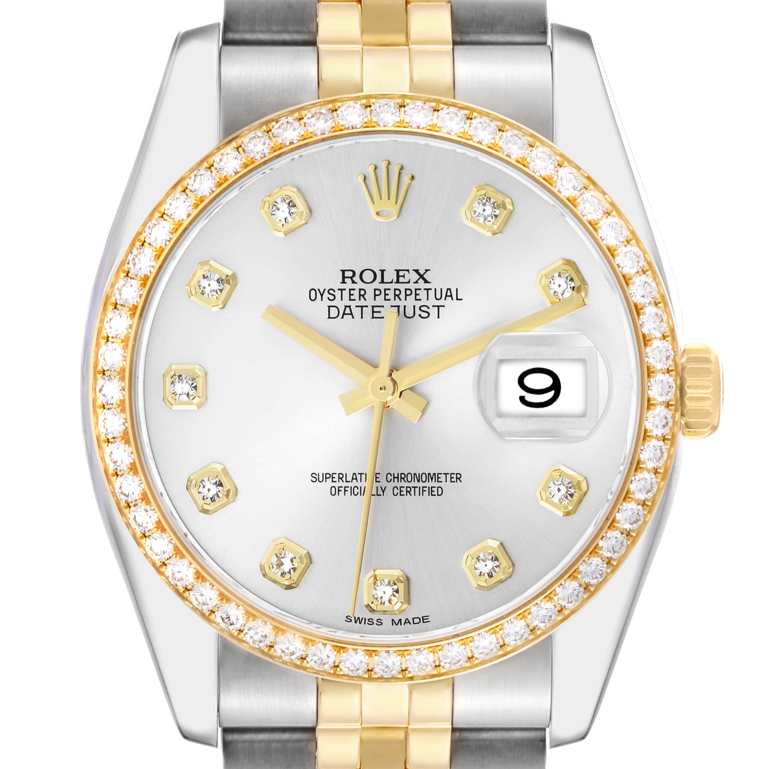 The Rolex Datejust 116243 Men
s Steel and Gold (two tone) Silver Dial watch is shown from a top-down angle, highlighting the dial, bezel, and part of the bracelet.