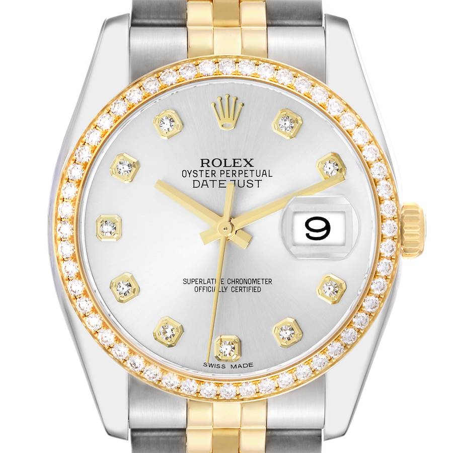 The Rolex Datejust 116243 Men's Steel and Gold (two tone) Silver Dial watch is shown from a top-down angle, highlighting the dial, bezel, and part of the bracelet.
