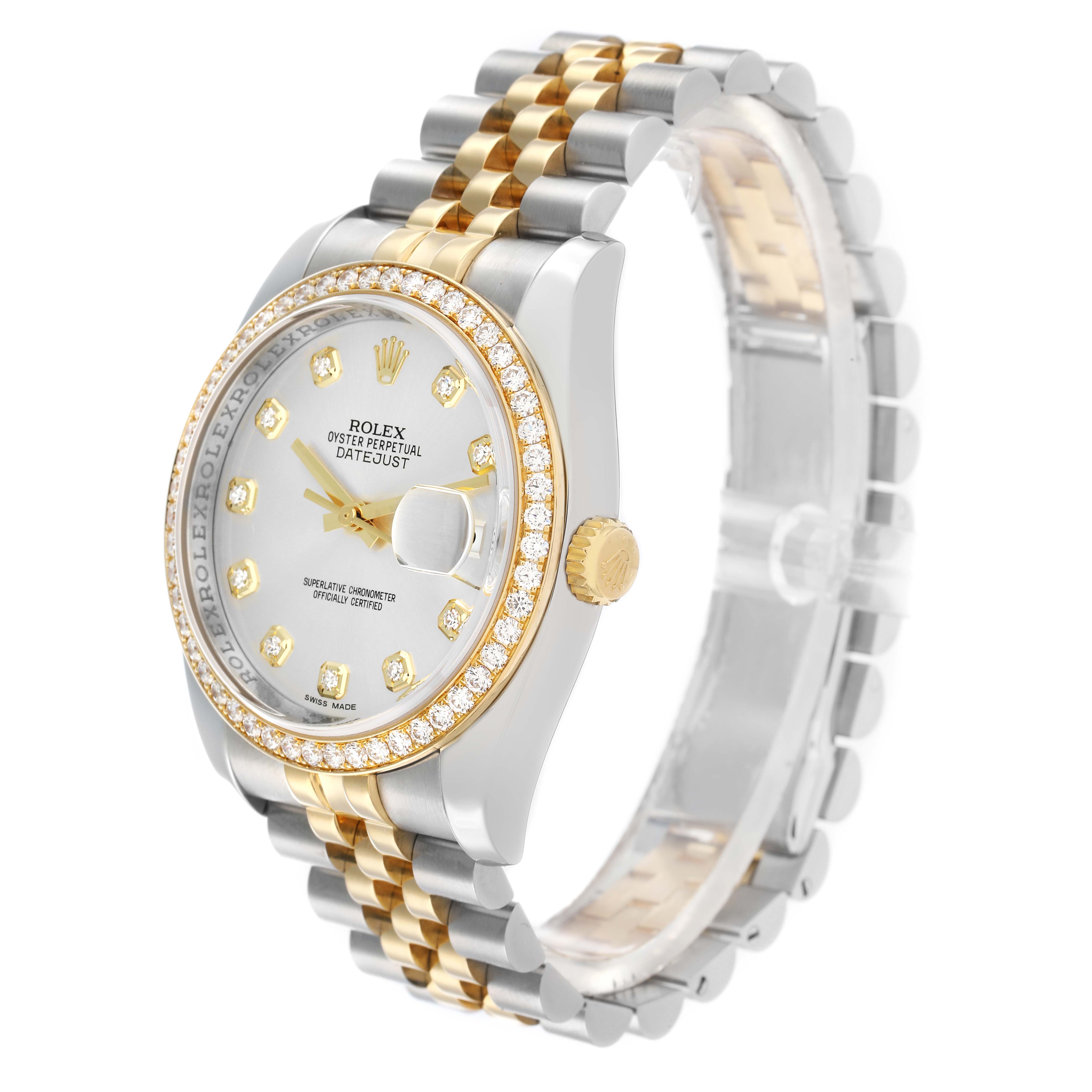 The Rolex Datejust 116243 Men
s Steel and Gold (two tone) Silver Dial watch is shown at a slight angle, highlighting the face, bezel, crown, and two-tone bracelet.