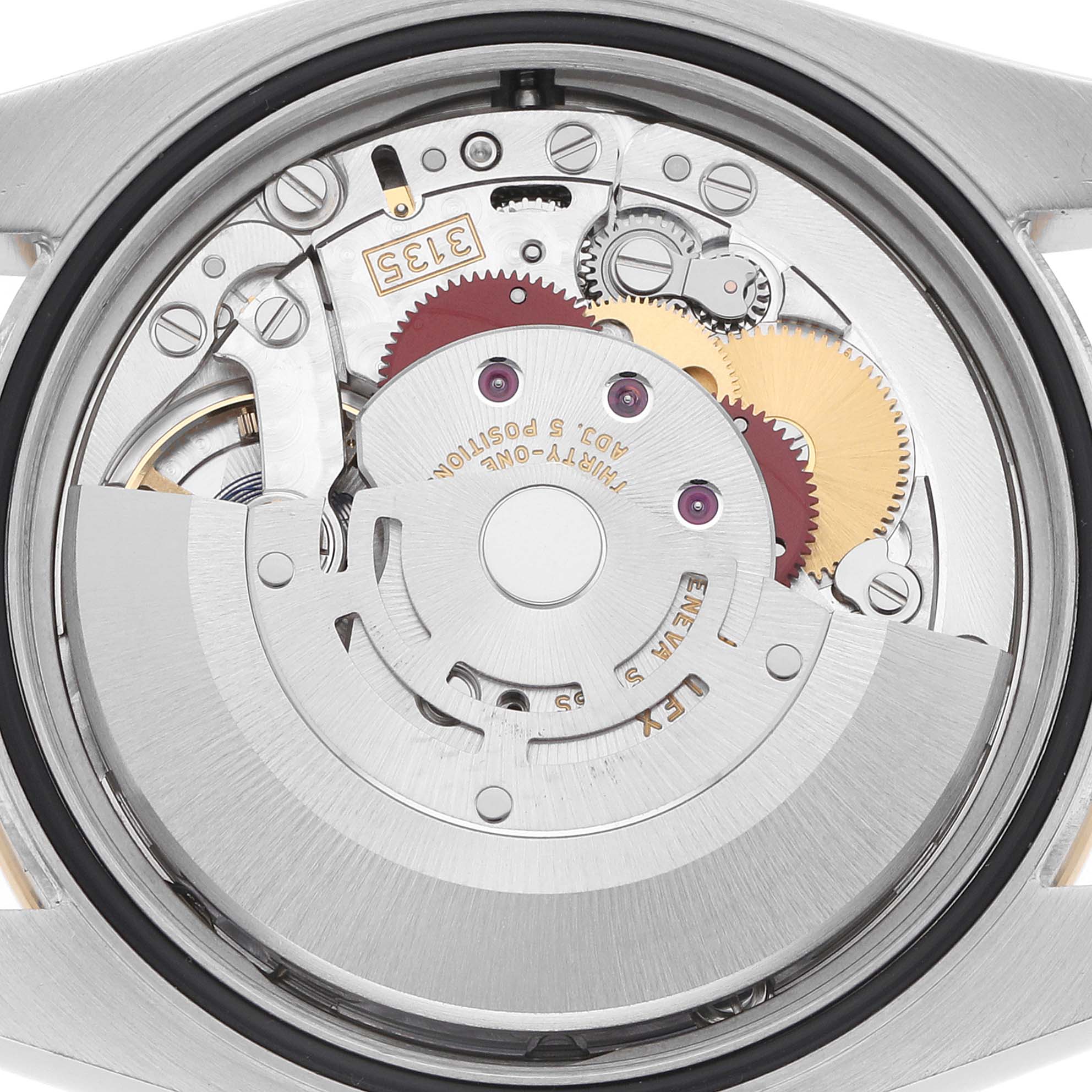 The image shows the back view of the Rolex Datejust 116243 Men
s Steel and Gold (two tone) Silver Dial, revealing its intricate movement and internal components.