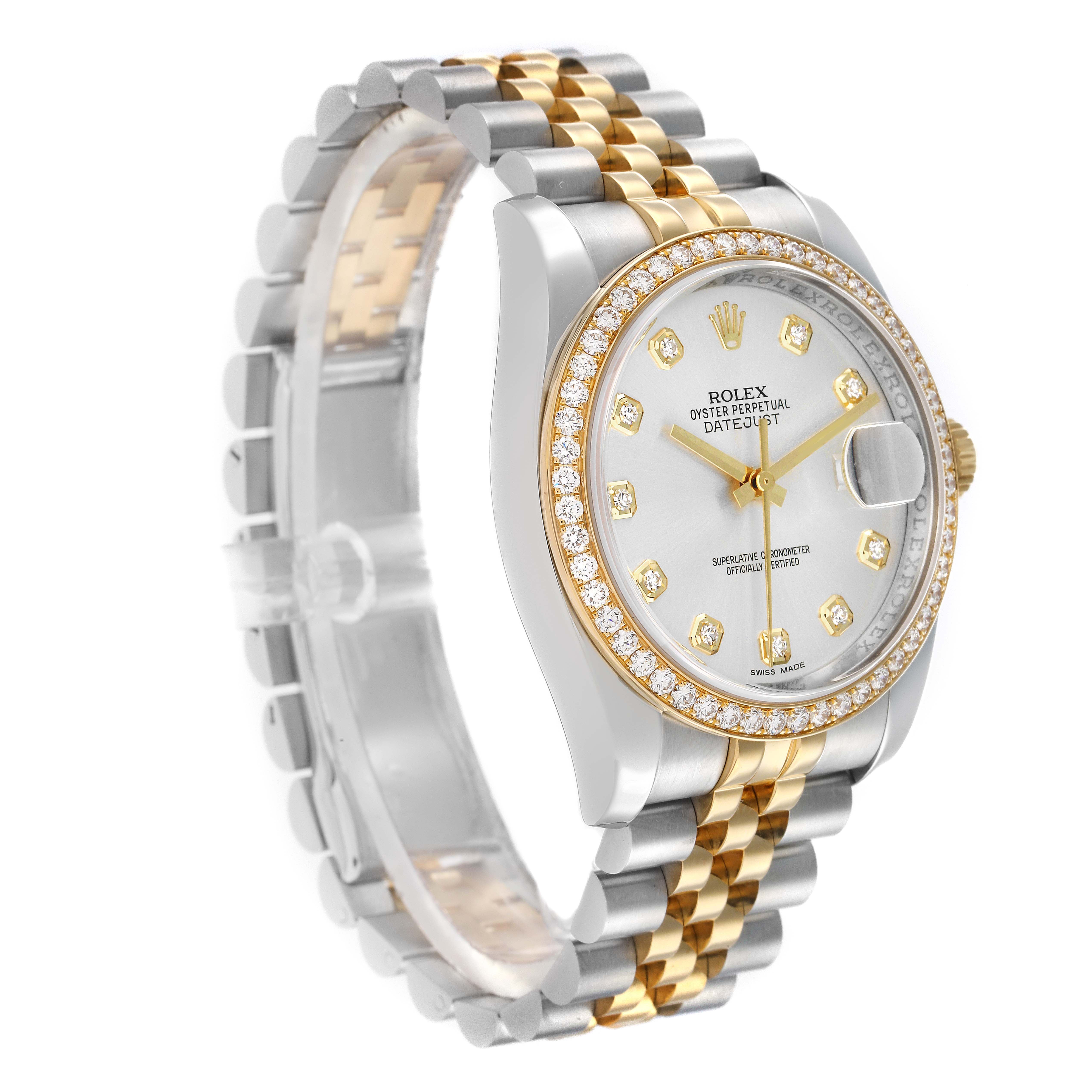 The Rolex Datejust 116243 Men
s Steel and Gold (two tone) Silver Dial watch is shown in a three-quarter angle, featuring its jubilee bracelet, diamond bezel, and dial with gold accents.