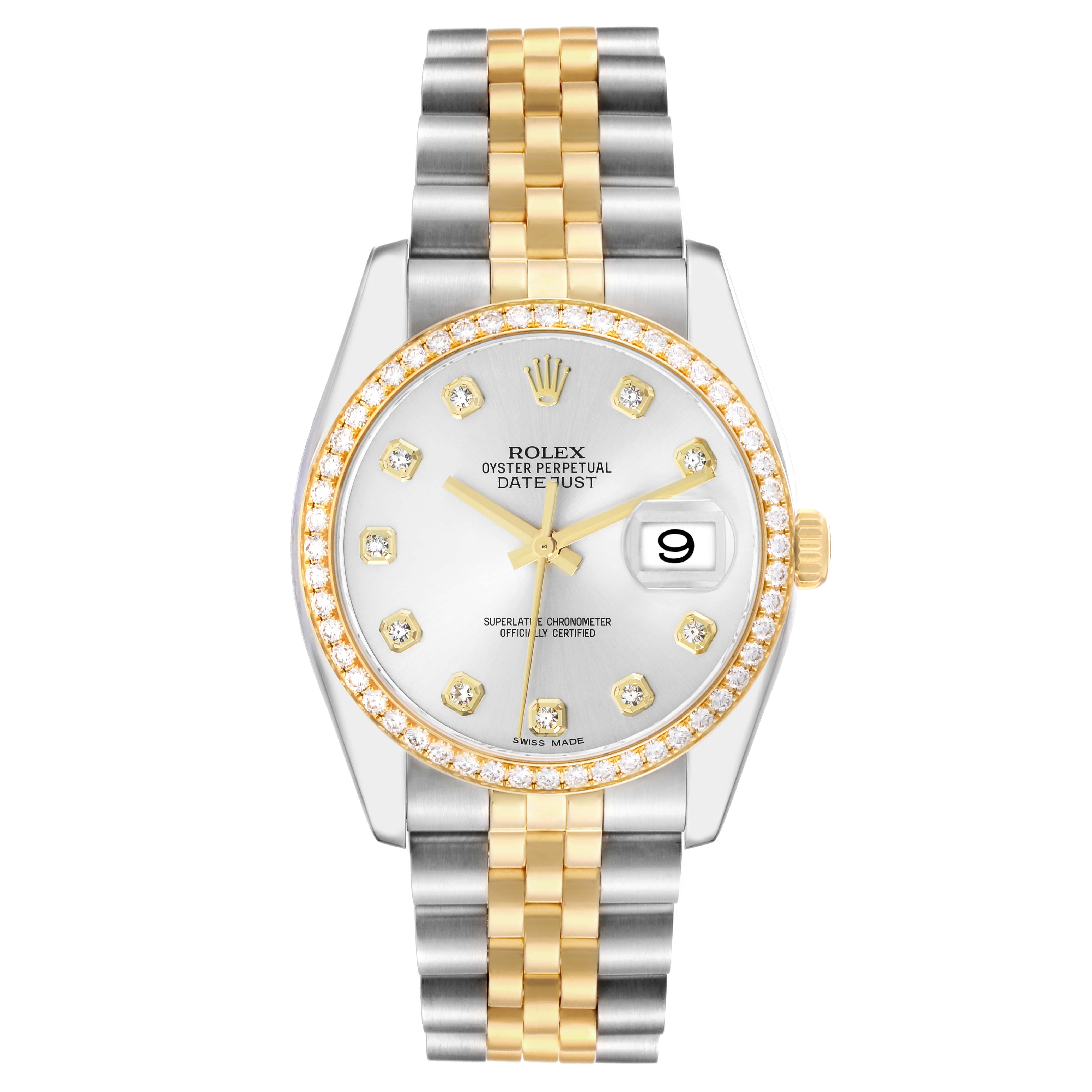 The Rolex Datejust 116243 Men
s Steel and Gold (two tone) Silver Dial watch is shown from the top, displaying the face, bezel, and bracelet in a mixed metal design.