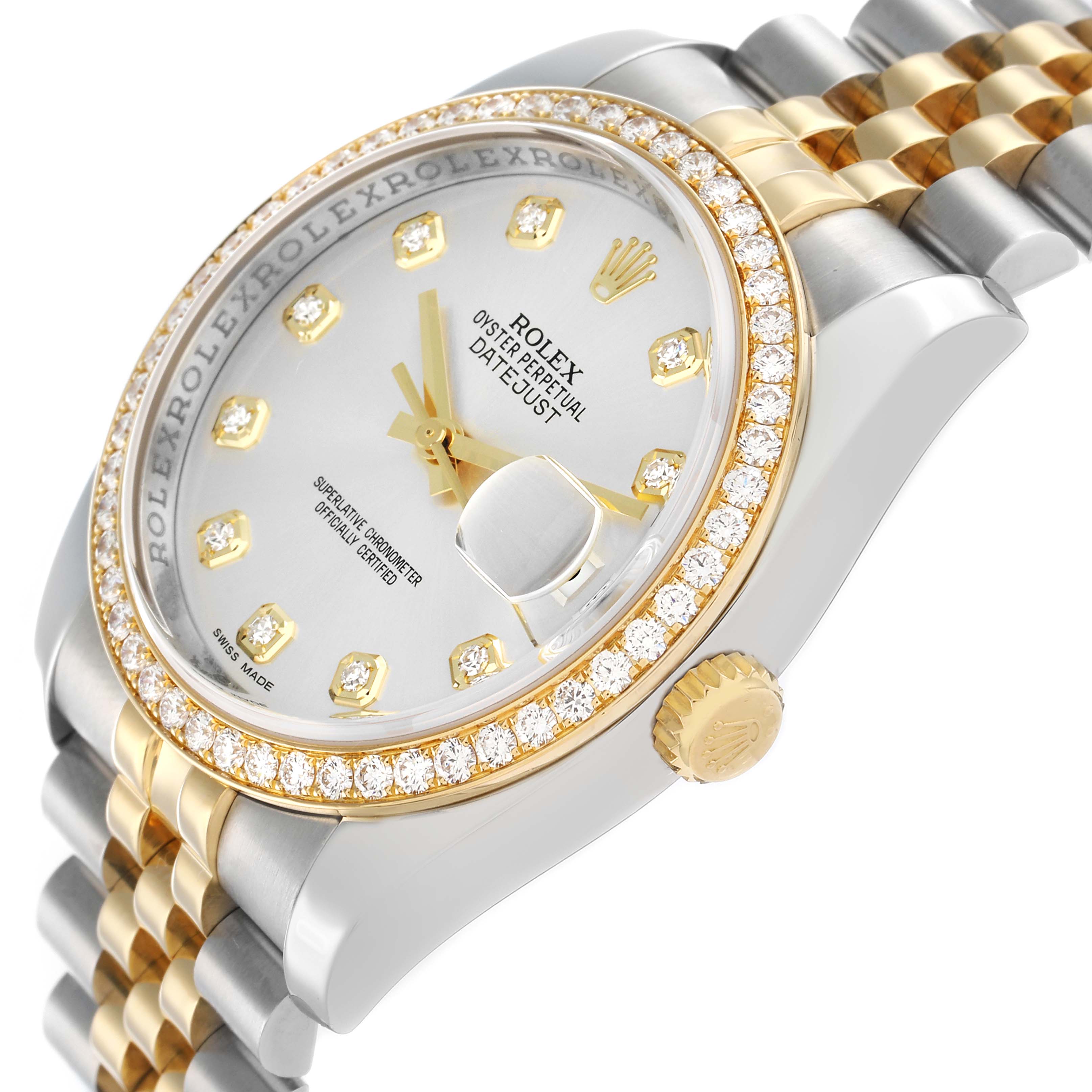 The Rolex Datejust 116243 Men
s Steel and Gold (two tone) Silver Dial is shown at a side angle, highlighting its diamond bezel, dial, crown, and two-tone bracelet.
