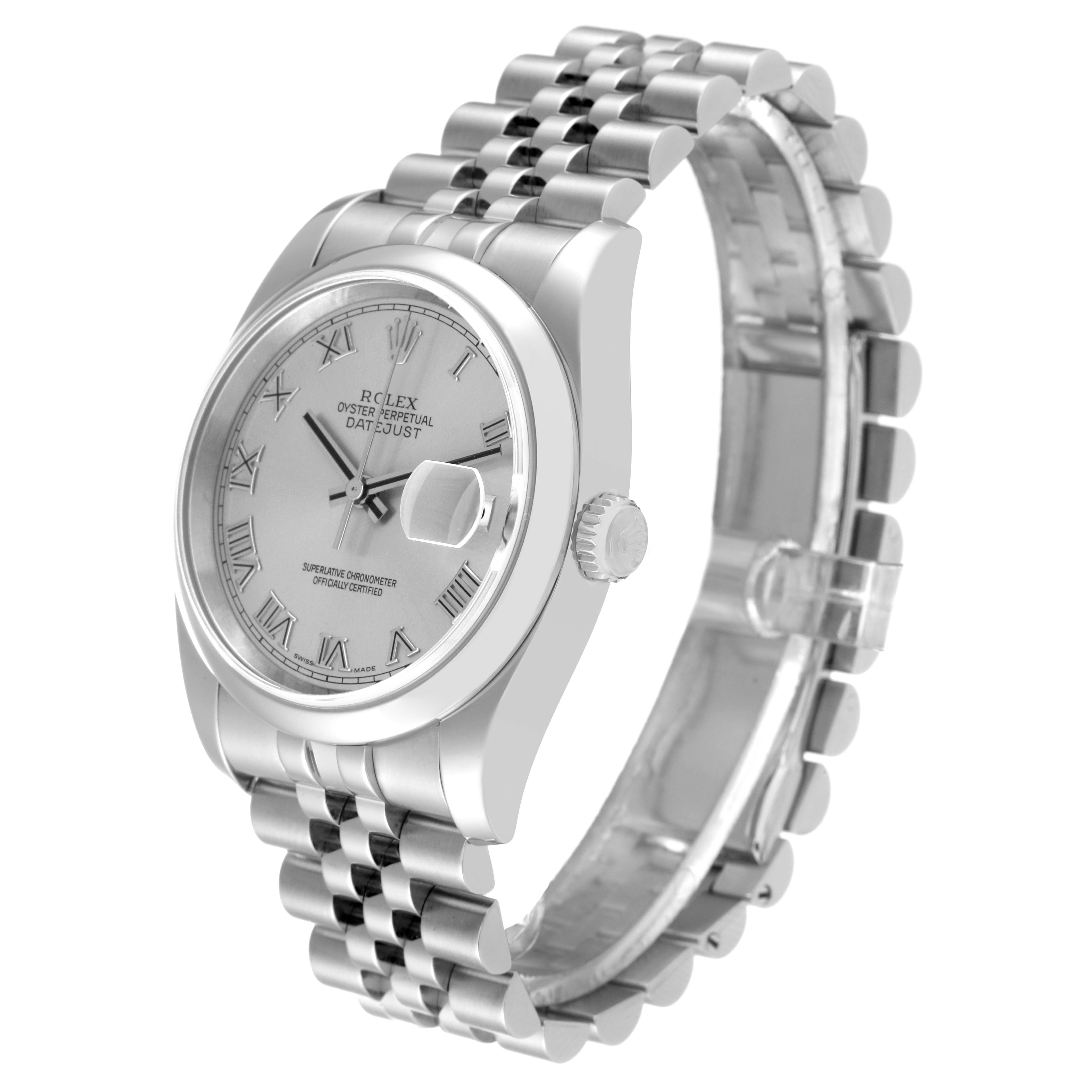 The image shows a side view of a Rolex Datejust 116200 Men's Stainless Steel Silver Dial 116200 Men's Stainless Steel Silver Dial watch, highlighting the dial, case, and bracelet.
