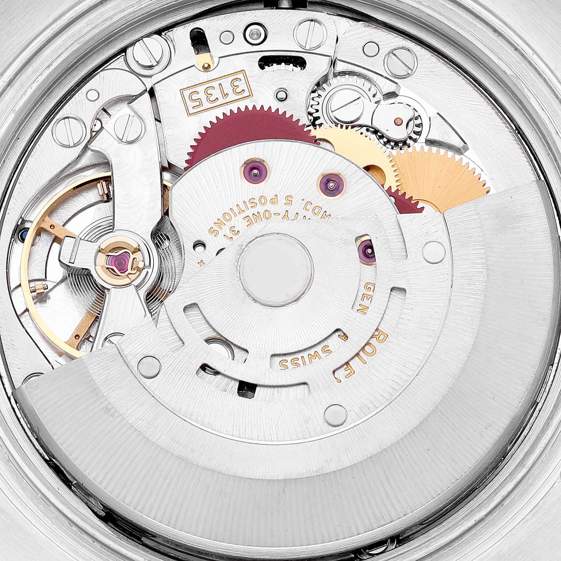 This image shows a close-up of the movement of a Rolex Datejust 116200 Men's Stainless Steel Silver Dial 116200 Men's Stainless Steel Silver Dial watch, highlighting the gears and mechanical components.