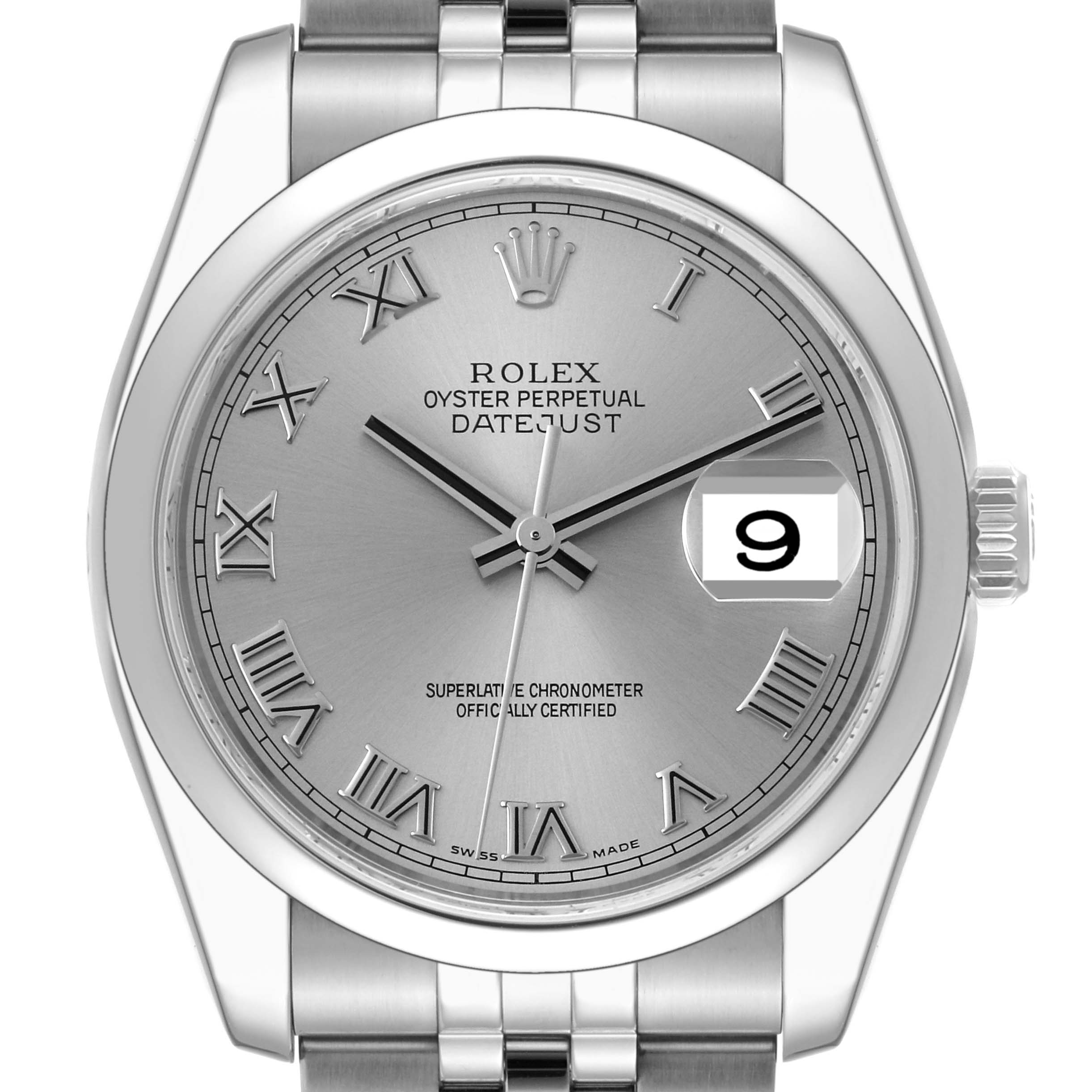 The image shows a front view of the Rolex Datejust 116200 Men's Stainless Steel Silver Dial 116200 Men's Stainless Steel Silver Dial, highlighting the dial, markers, hands, date display, and part of the bracelet.