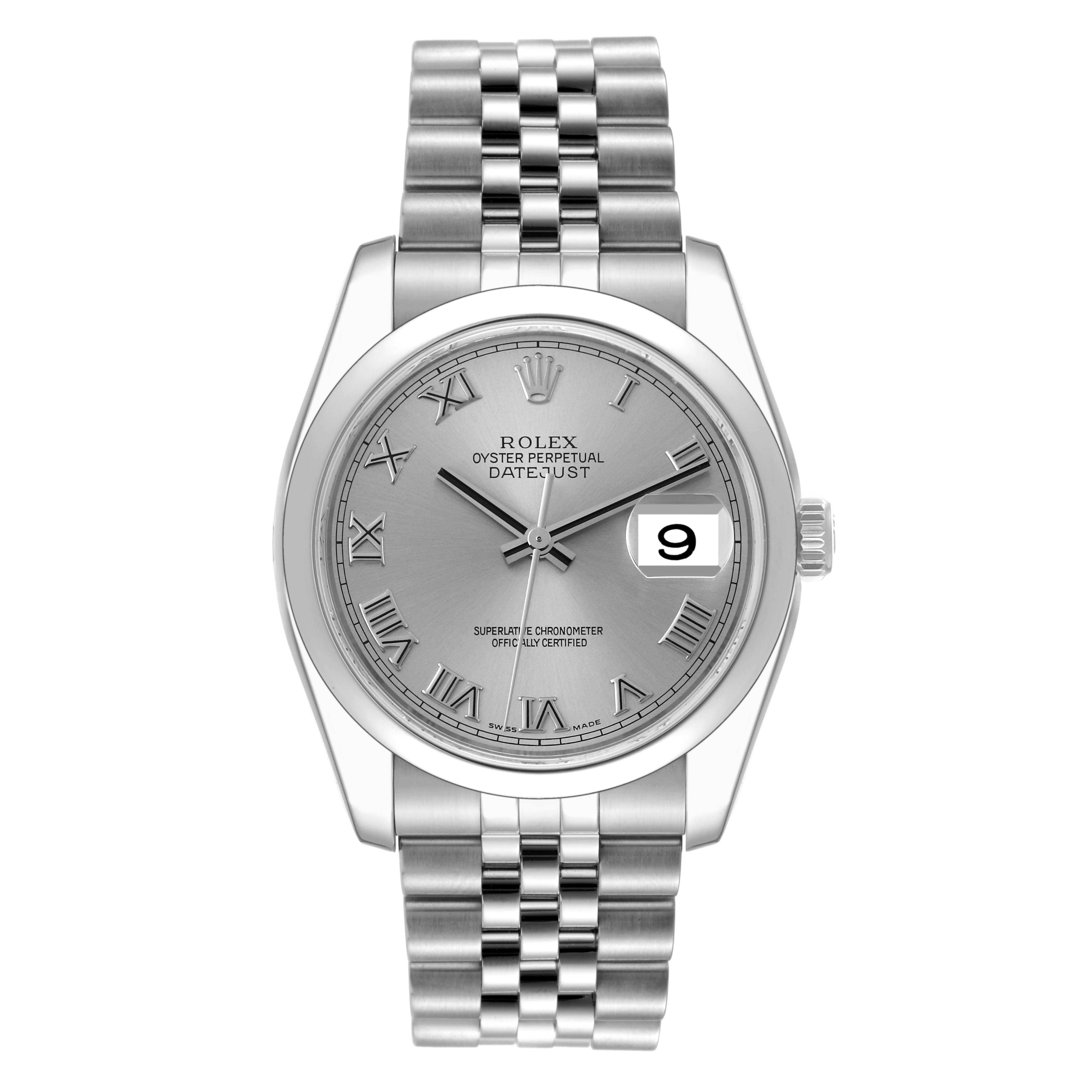 The image shows a Rolex Datejust 116200 Men's Stainless Steel Silver Dial 116200 Men's Stainless Steel Silver Dial model watch from a front angle, displaying the dial, bezel, and bracelet.