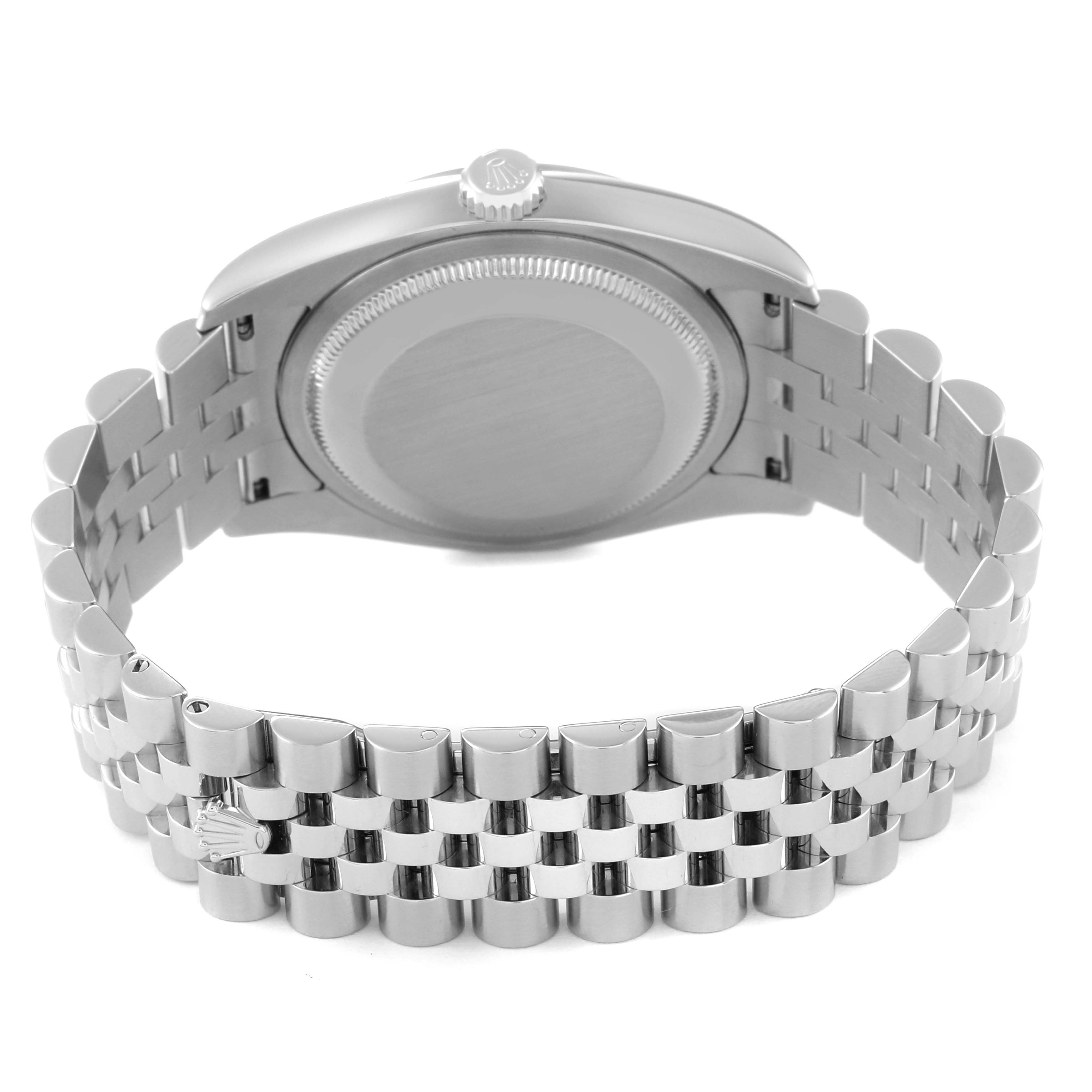This image shows the back view of a Rolex Datejust 116200 Men's Stainless Steel Silver Dial 116200 Men's Stainless Steel Silver Dial watch, including the case back and bracelet.