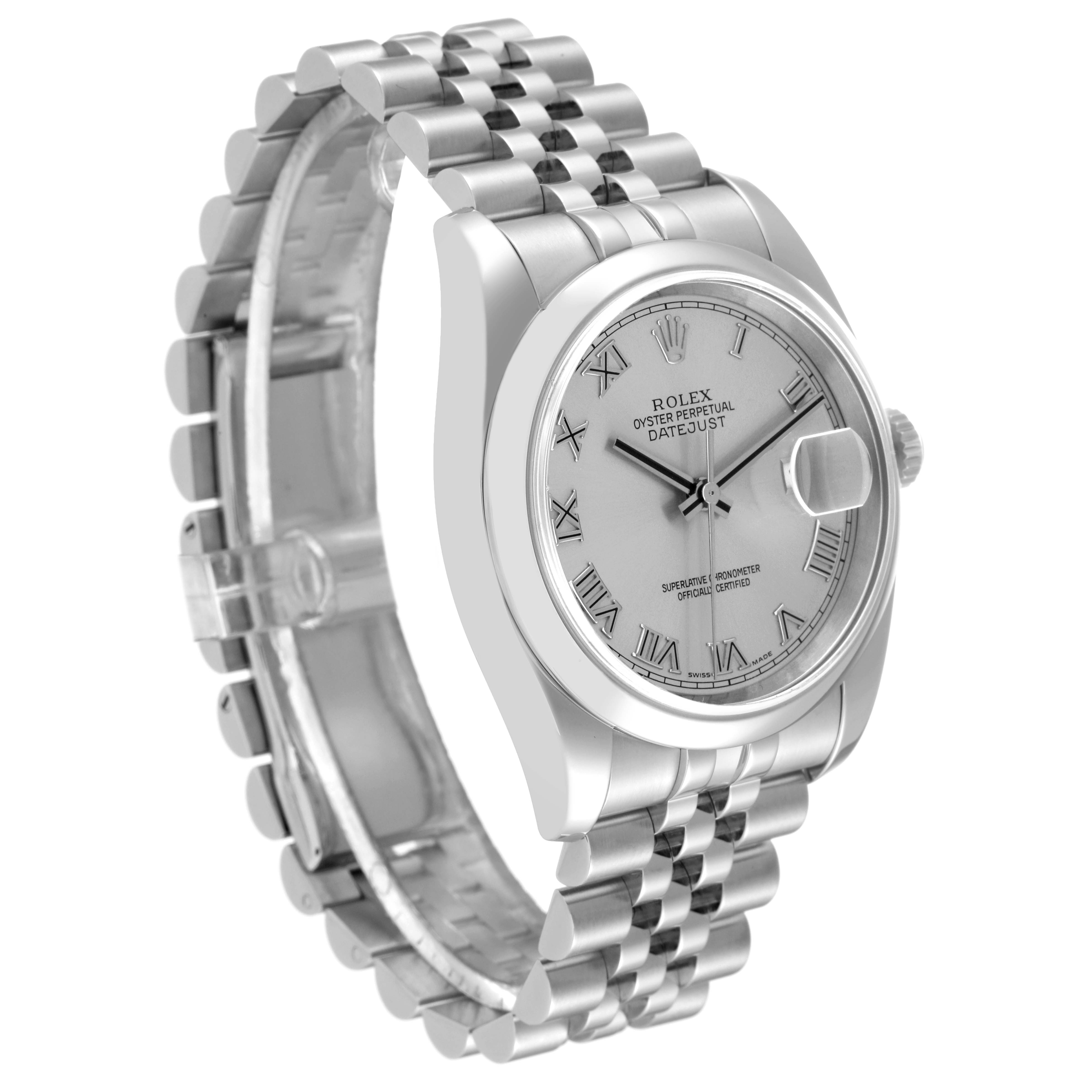 The image shows an angled view of the Rolex Datejust 116200 Men's Stainless Steel Silver Dial 116200 Men's Stainless Steel Silver Dial watch, including its face, bezel, and part of its metal bracelet.