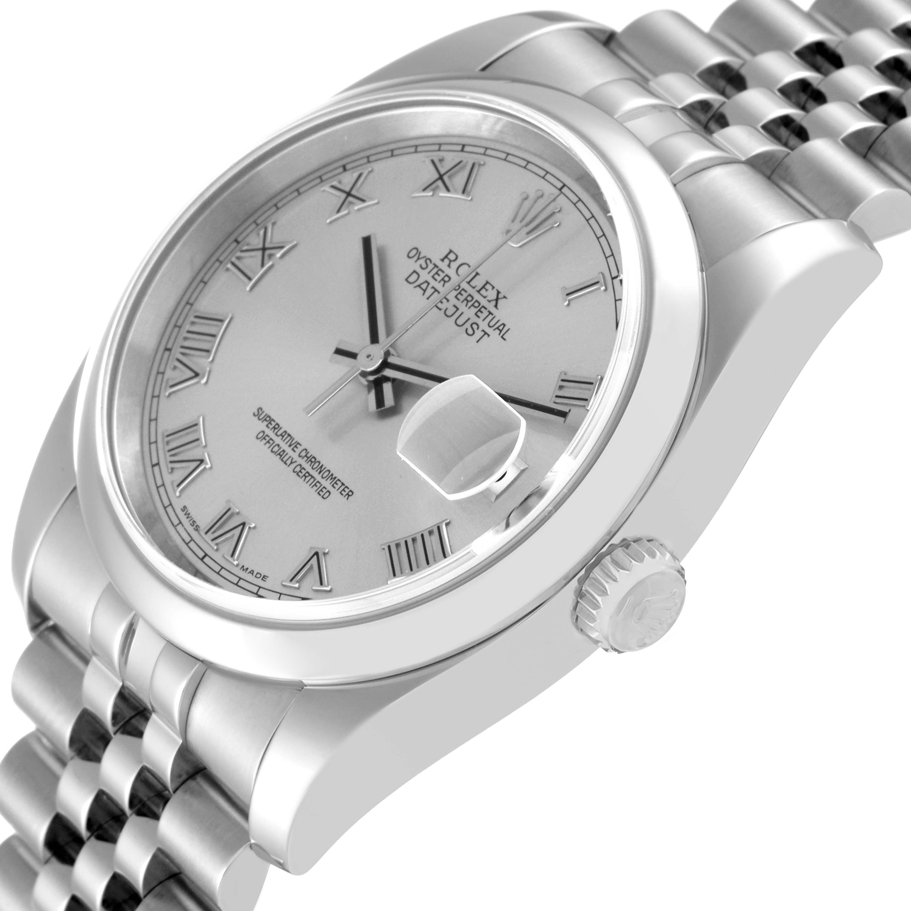 The image shows a close-up, angled view of the Rolex Datejust 116200 Men's Stainless Steel Silver Dial 116200 Men's Stainless Steel Silver Dial watch, highlighting the dial, crown, and bracelet.