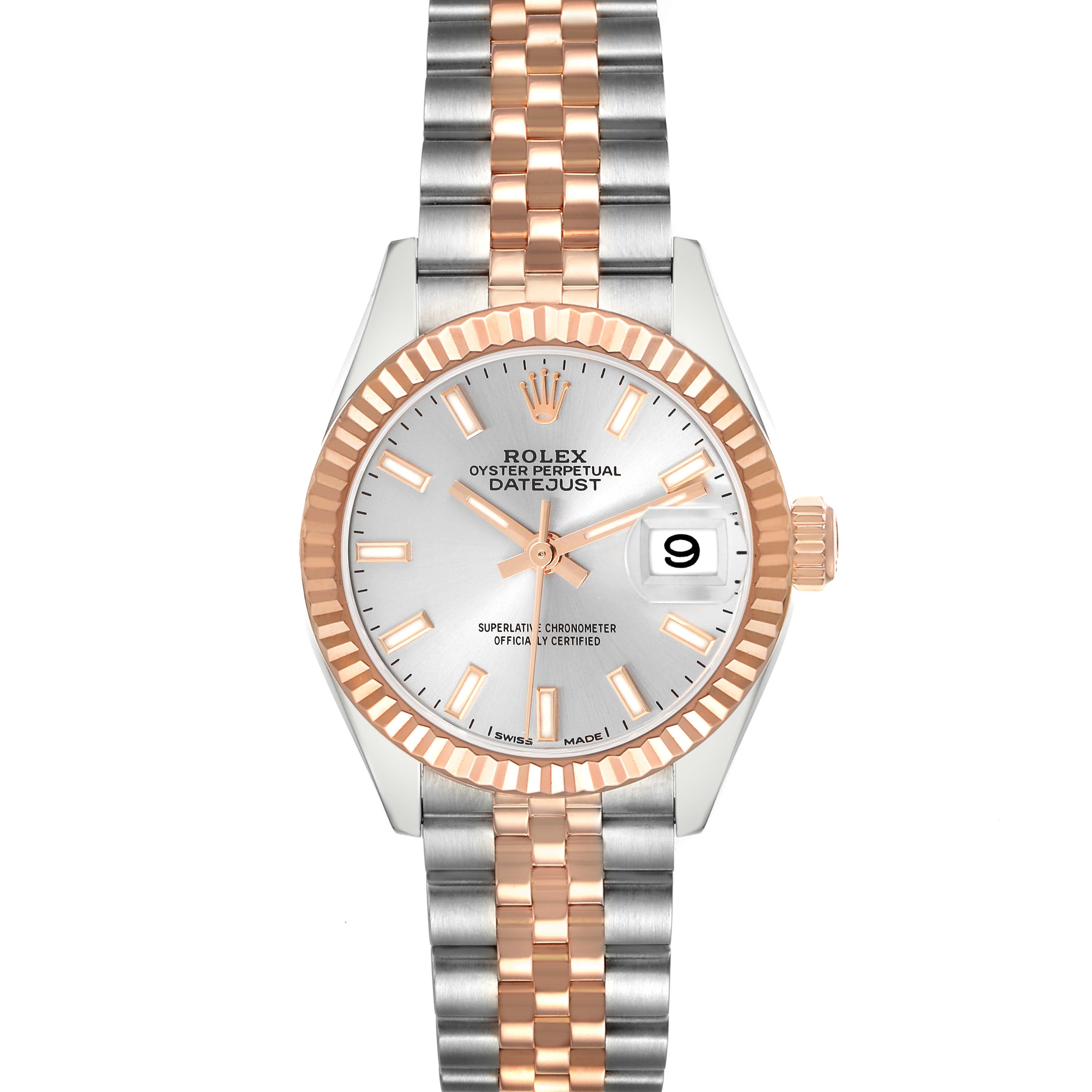 The Rolex Datejust 279171 Women
s Steel and Gold (two tone) Silver Dial is shown from a front angle, highlighting its dial, fluted bezel, and two-tone bracelet.