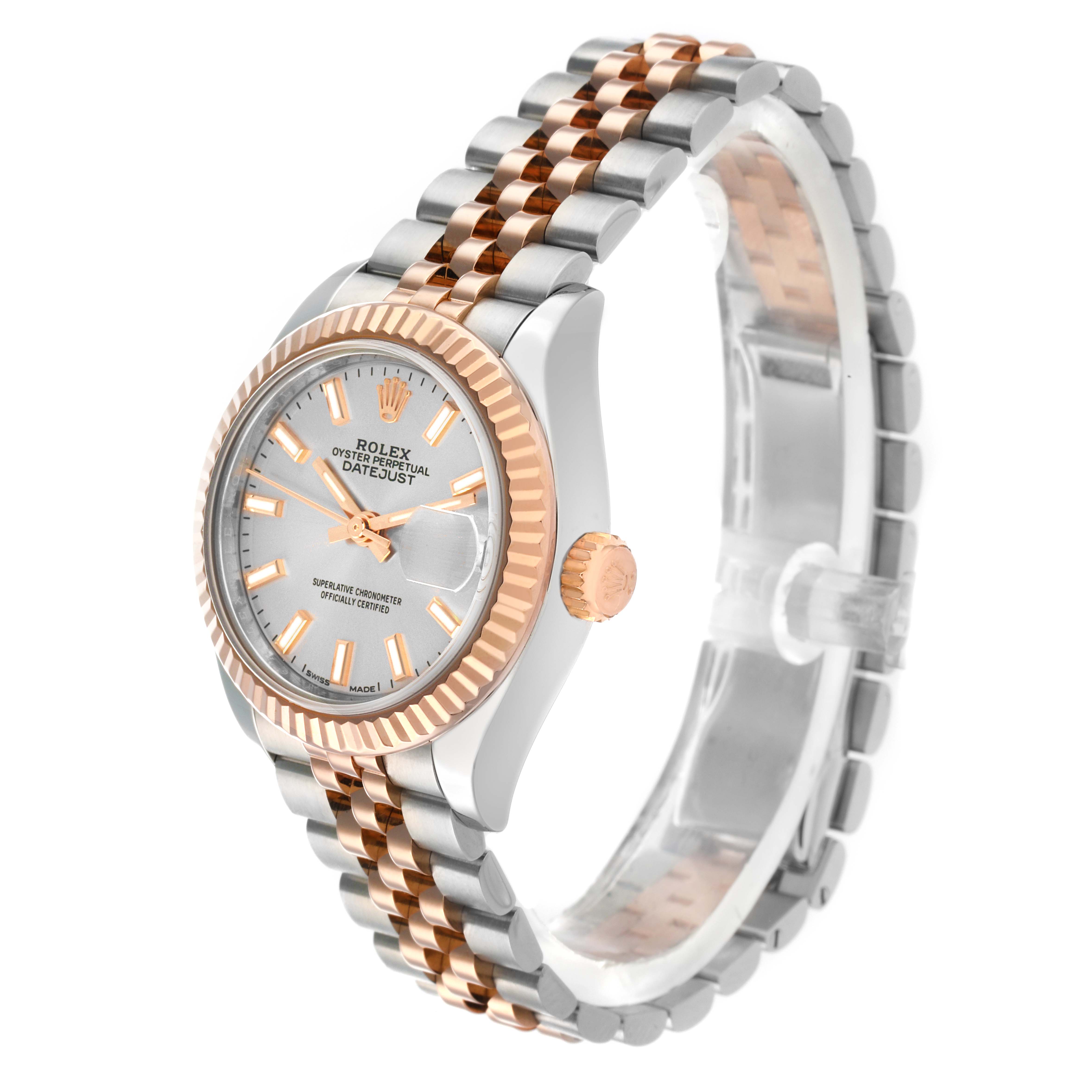 The Rolex Datejust 279171 Women
s Steel and Gold (two tone) Silver Dial watch is shown at a three-quarter angle, highlighting the face, bezel, crown, and two-tone bracelet.