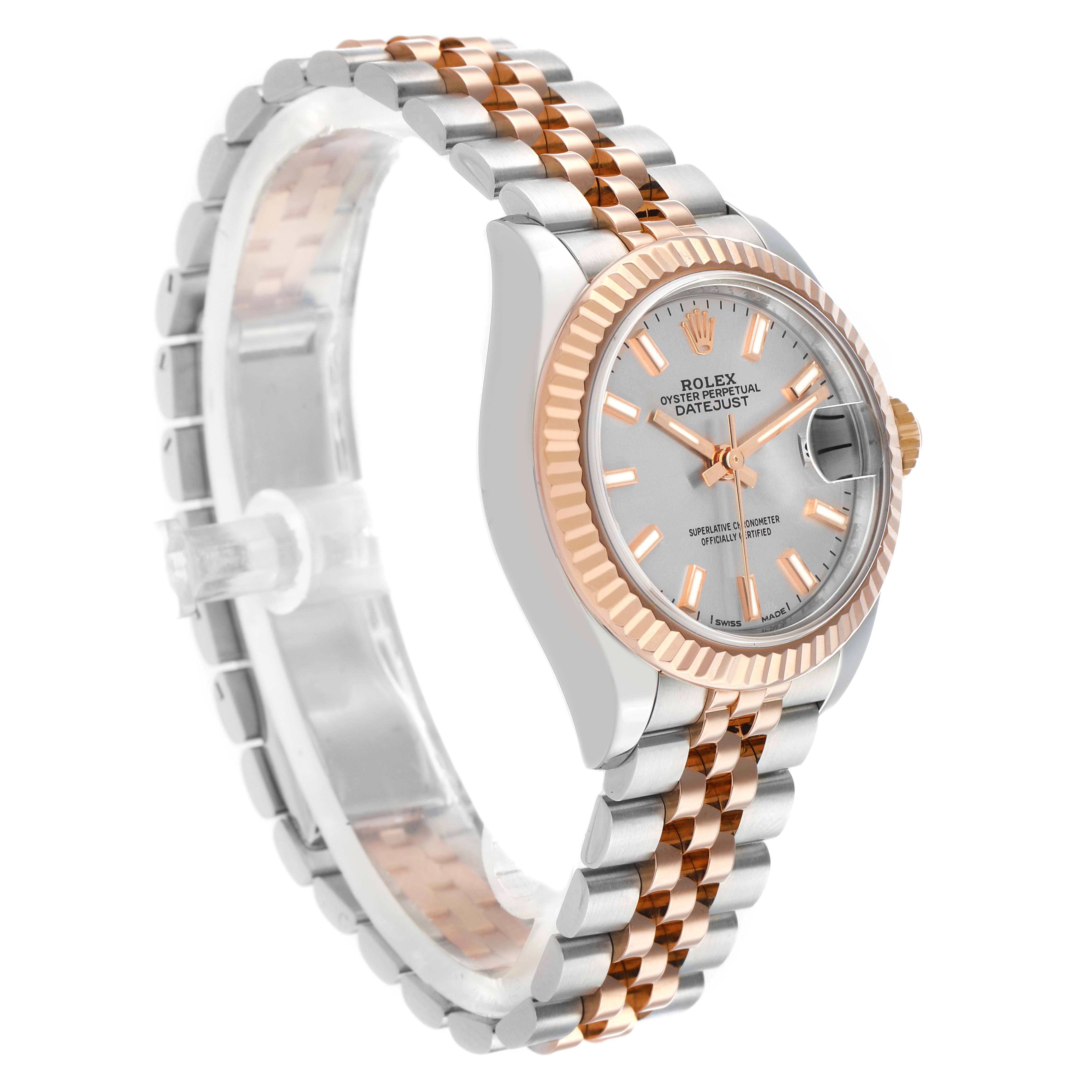 The Rolex Datejust 279171 Women
s Steel and Gold (two tone) Silver Dial watch is shown at an angled side view, displaying its bezel, crown, and Jubilee bracelet.
