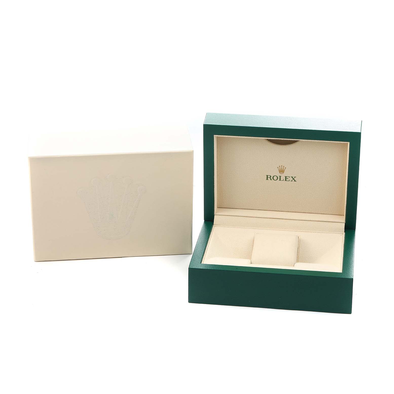 The image shows the open and closed boxes for a Rolex Datejust 279171 Women
s Steel and Gold (two tone) Silver Dial watch, displaying the interior and exterior packaging.