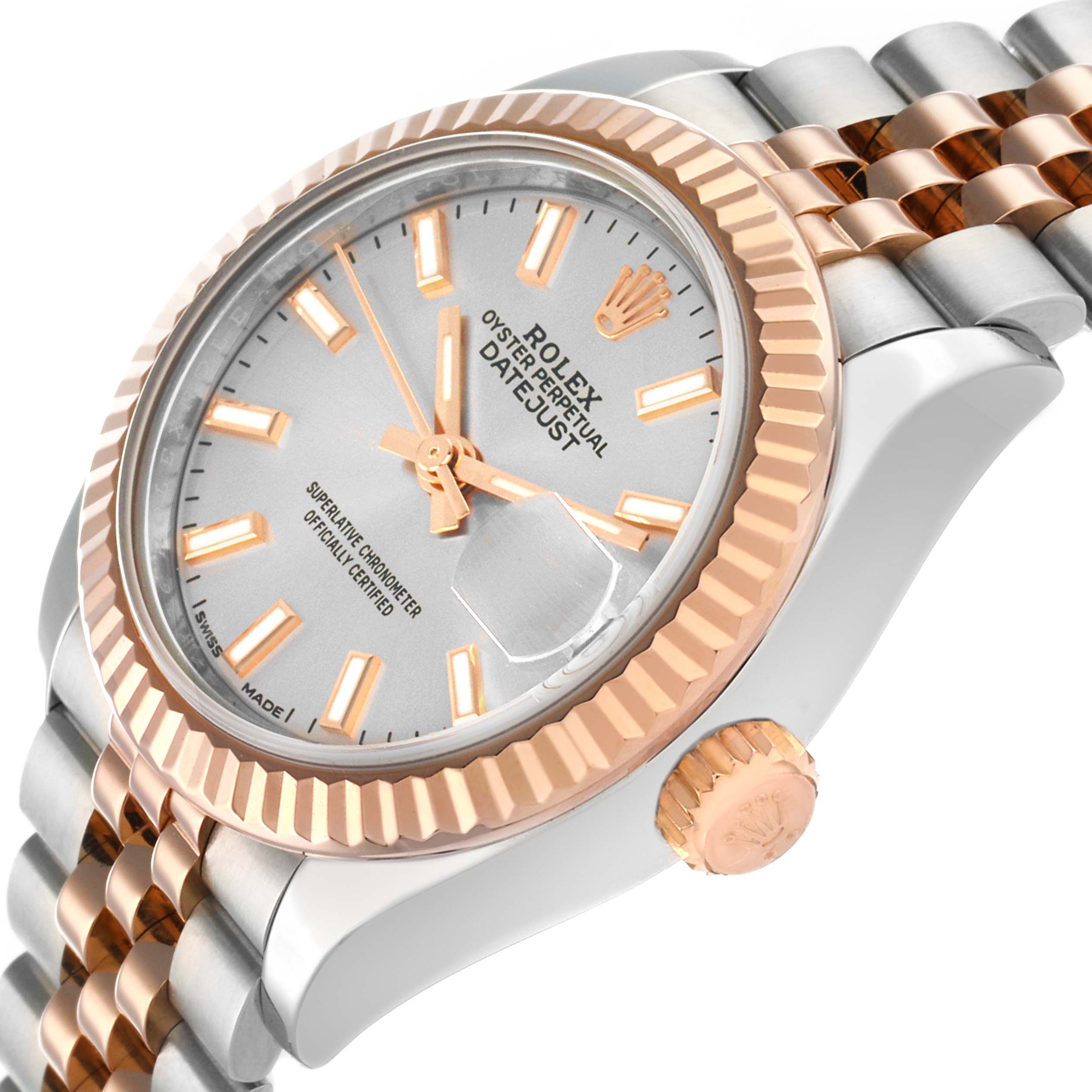 The Rolex Datejust 279171 Women
s Steel and Gold (two tone) Silver Dial watch is shown at an angled close-up, highlighting the dial, fluted bezel, crown, and Jubilee bracelet.