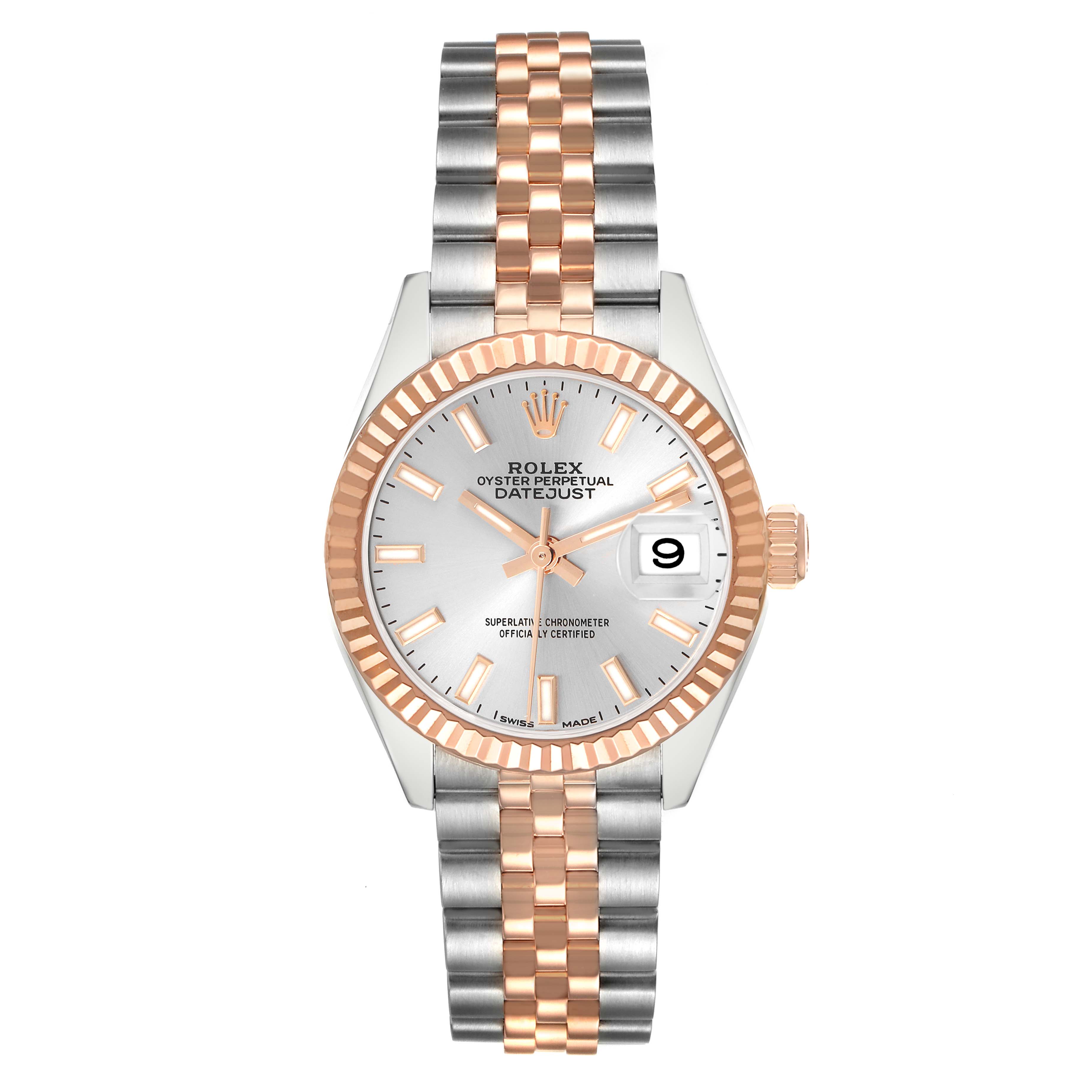 The Rolex Datejust 279171 Women
s Steel and Gold (two tone) Silver Dial watch is shown from the front, highlighting its dial, bezel, bracelet, and crown.