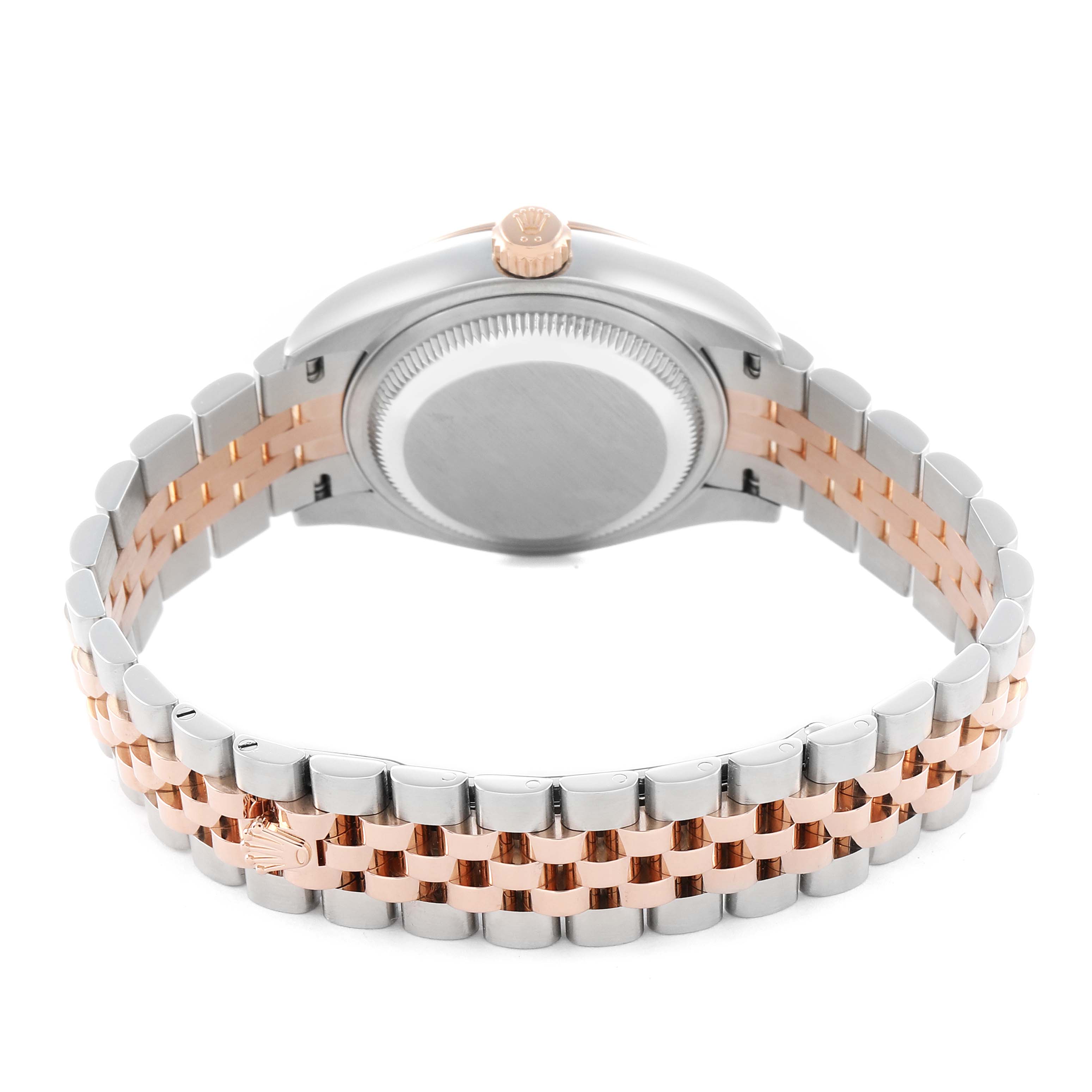 The Rolex Datejust 279171 Women
s Steel and Gold (two tone) Silver Dial watch is shown from the back, displaying the case back and two-tone Jubilee bracelet.