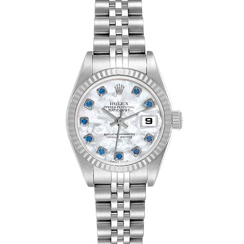 This is a frontal view of a Rolex Datejust watch, showing the dial, bezel, crown, and bracelet.