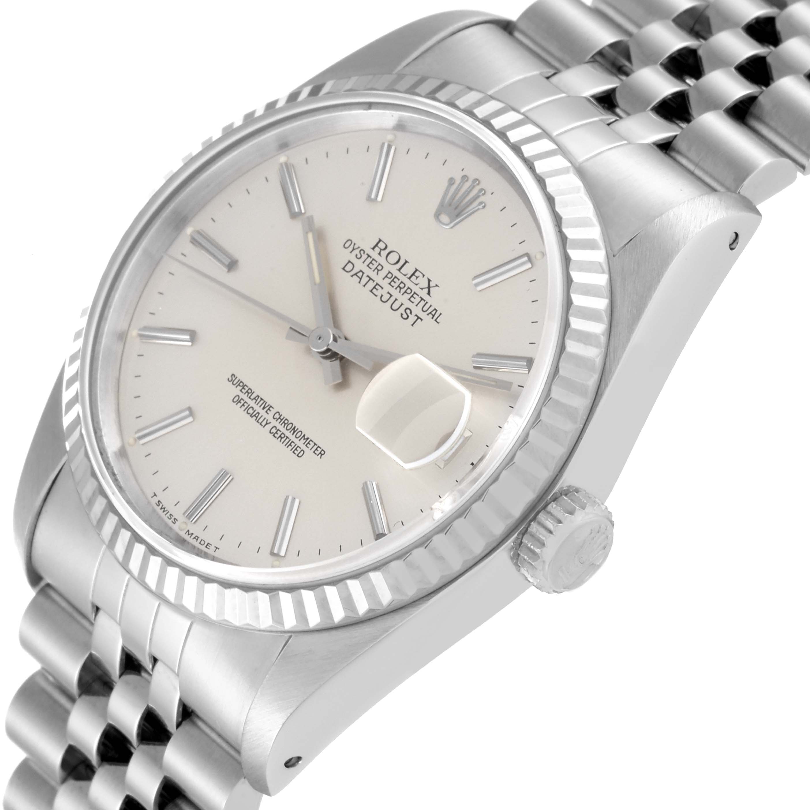 The image shows a Rolex Datejust 16234 Men's Stainless Steel Silver Dial 16234 Men's Stainless Steel Silver Dial watch at an oblique angle, highlighting its face, bezel, and part of the bracelet.
