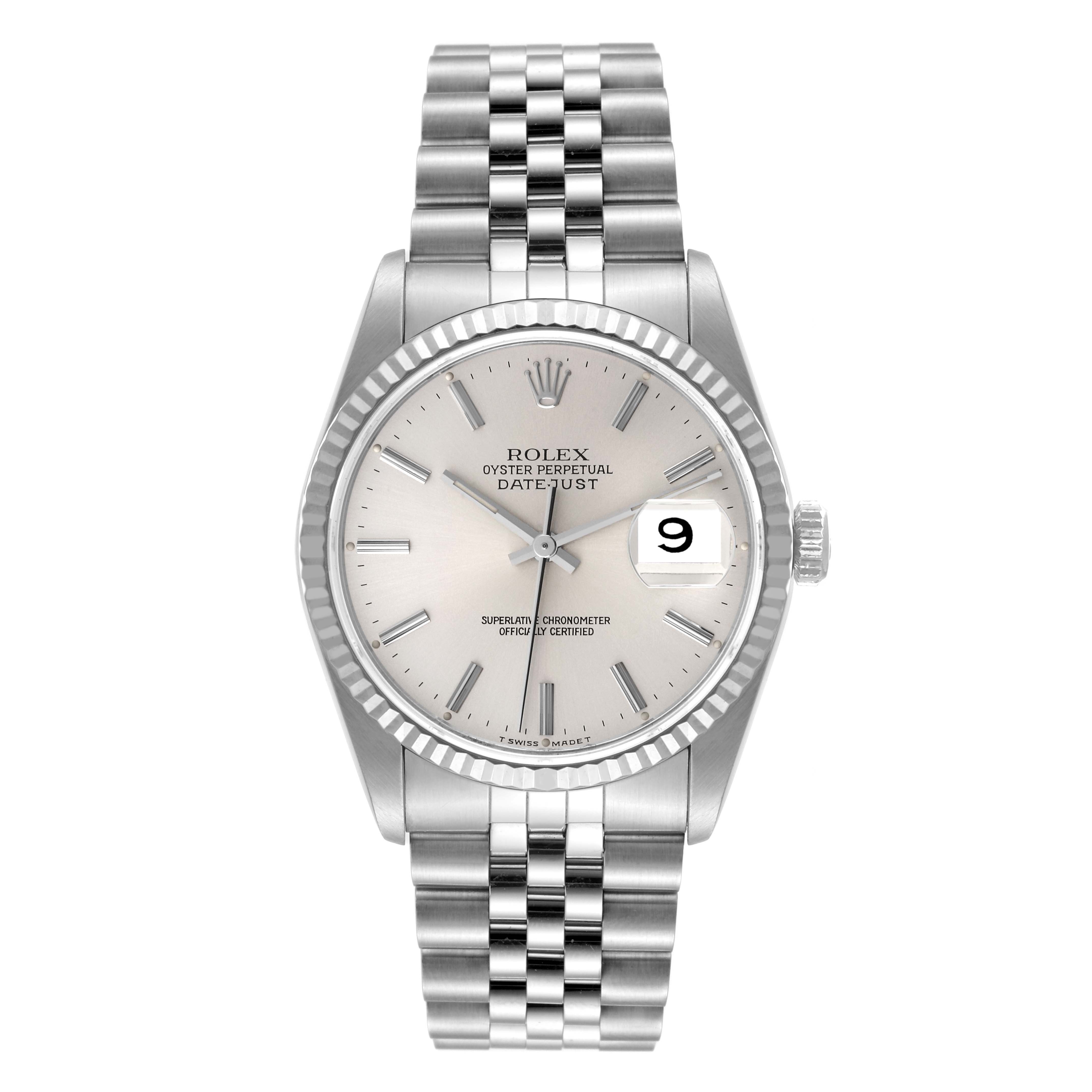The Rolex Datejust 16234 Men's Stainless Steel Silver Dial 16234 Men's Stainless Steel Silver Dial watch is shown from a front angle, highlighting its face, bezel, and Jubilee bracelet.