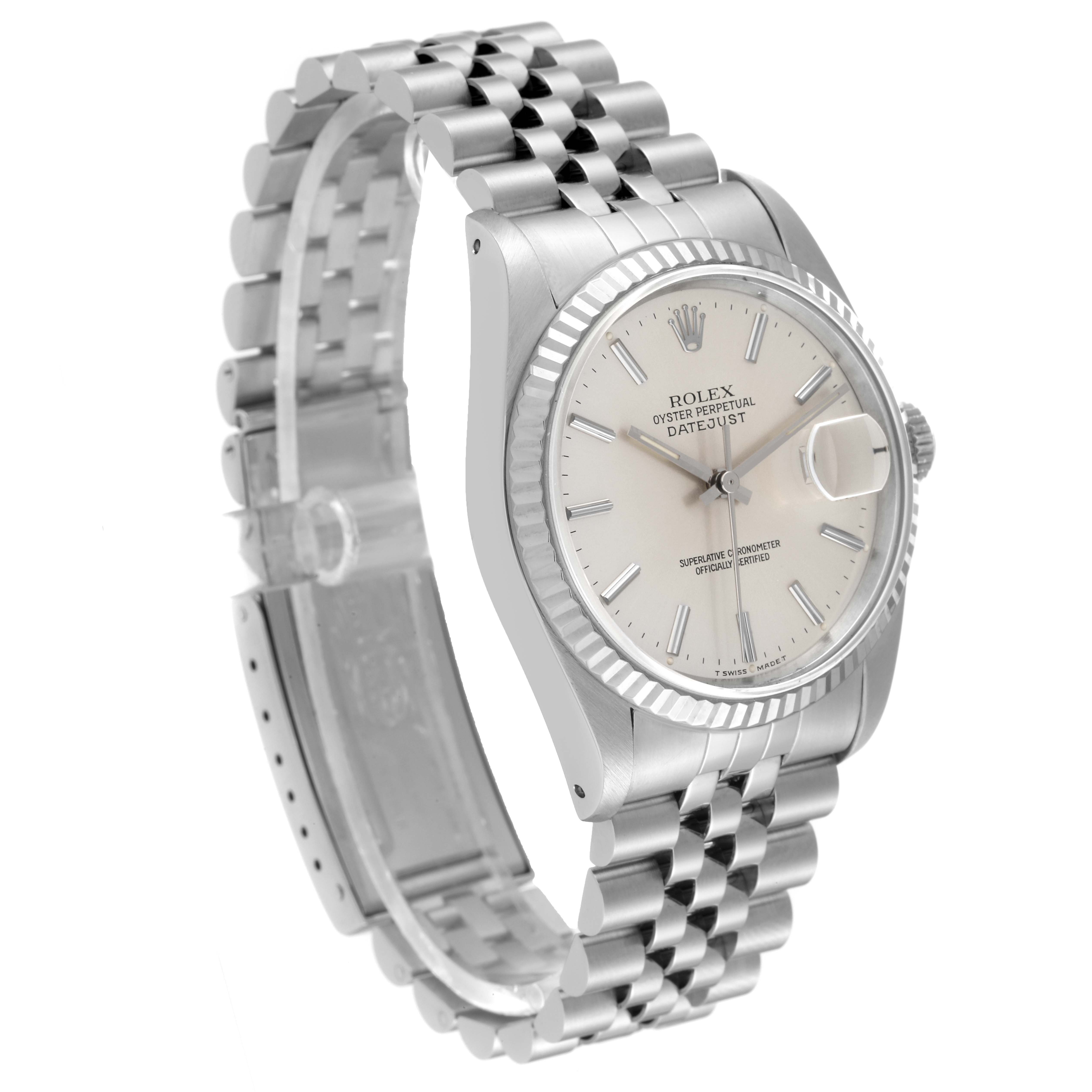 The Rolex Datejust 16234 Men's Stainless Steel Silver Dial 16234 Men's Stainless Steel Silver Dial watch is shown at an angle displaying the dial, bracelet, lugs, and part of the clasp.