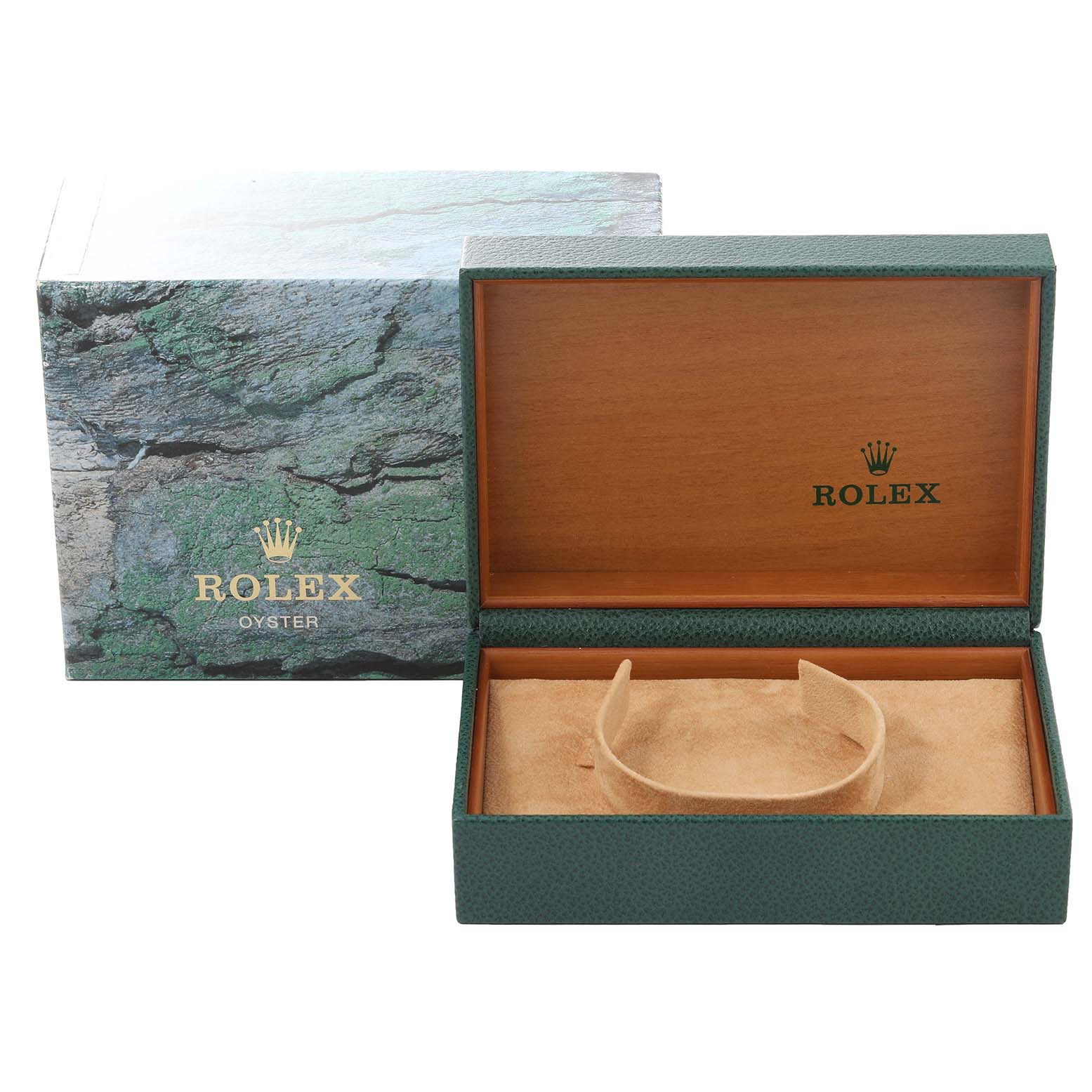 The image shows a green Rolex Datejust 16234 Men's Stainless Steel Silver Dial 16234 Men's Stainless Steel Silver Dial watch box, opened to reveal the inner cushion, alongside its outer packaging.