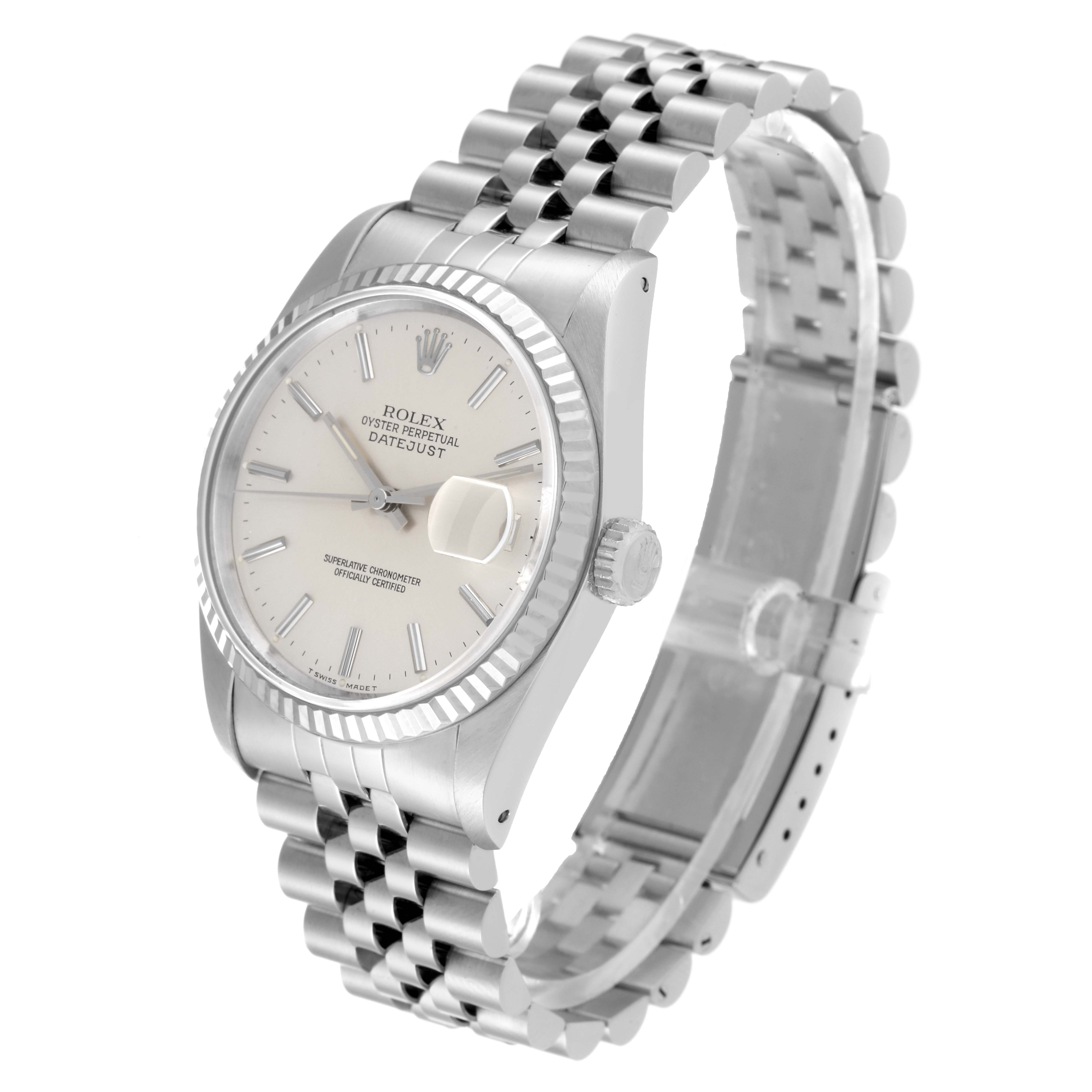 The image shows a Rolex Datejust 16234 Men's Stainless Steel Silver Dial 16234 Men's Stainless Steel Silver Dial watch at an angled view, displaying the face, bezel, crown, bracelet, and clasp.
